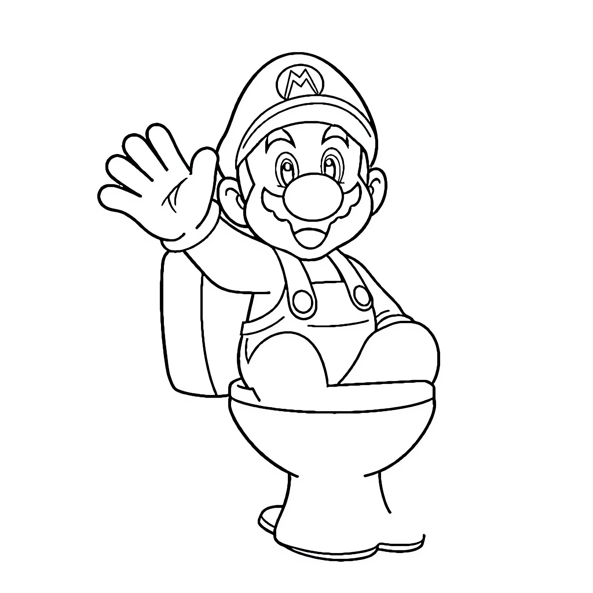 Mario waving happily from a toilet Coloring Page (free black-and-white line drawing printable PDF for all, from beginners to advanced learners, including children, teens, adults, and seniors)