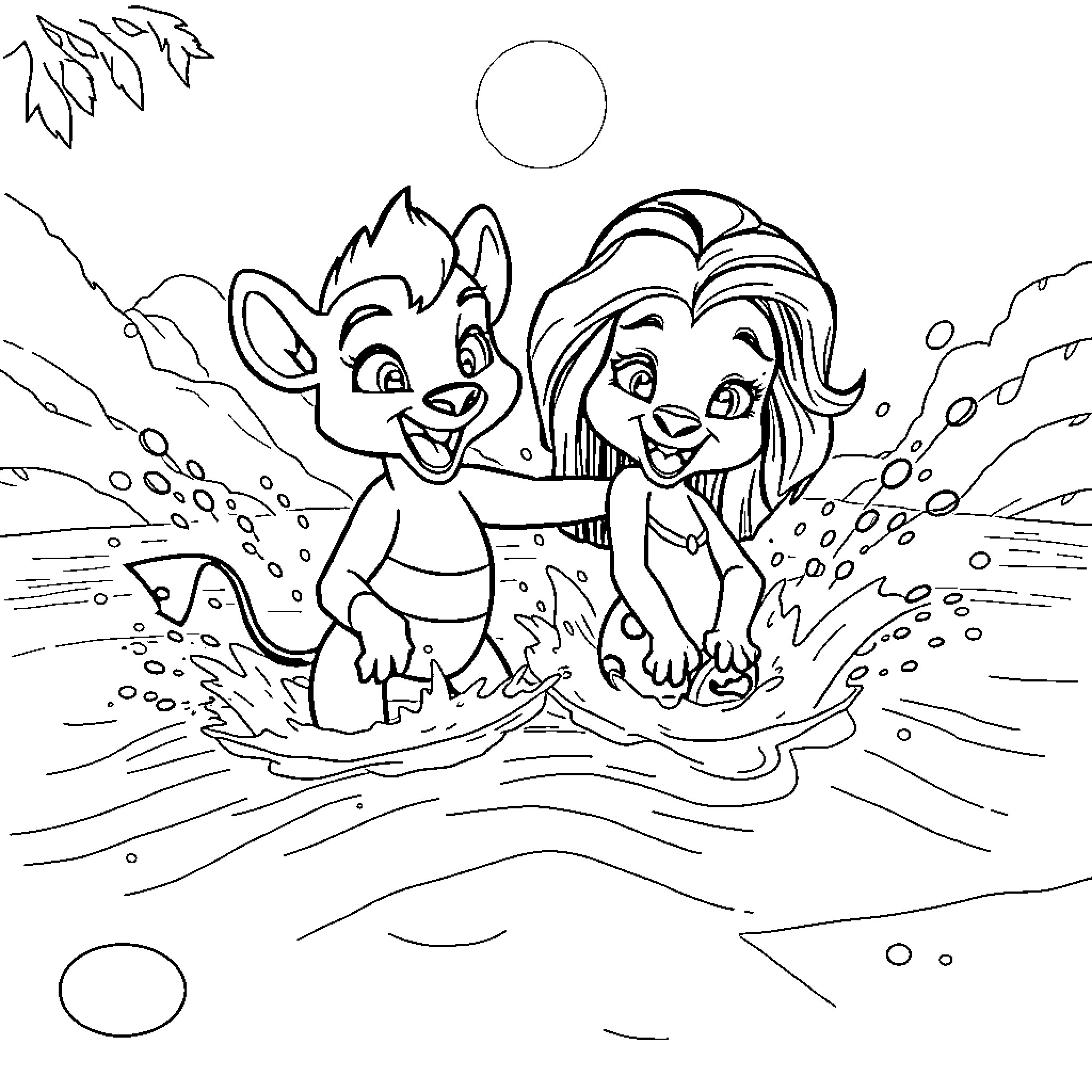 Samba Dancers Frolicking in the Waves Coloring Page (free black-and-white line drawing printable PDF for all, from beginners to advanced learners, including children, teens, adults, and seniors)