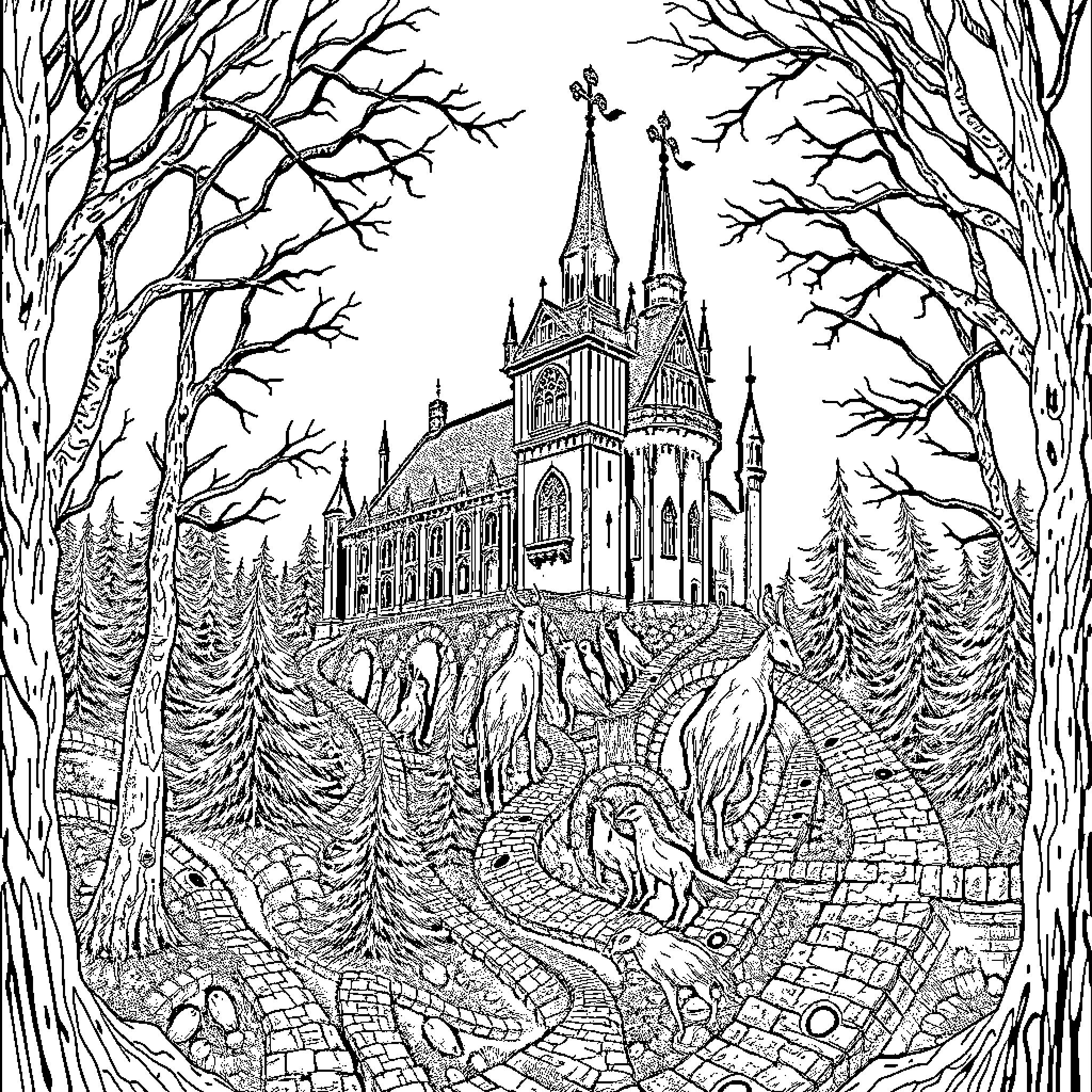 Castle of Enchantment in the Woodland Realm Coloring Page (free black-and-white line drawing printable PDF for all, from beginners to advanced learners, including children, teens, adults, and seniors)