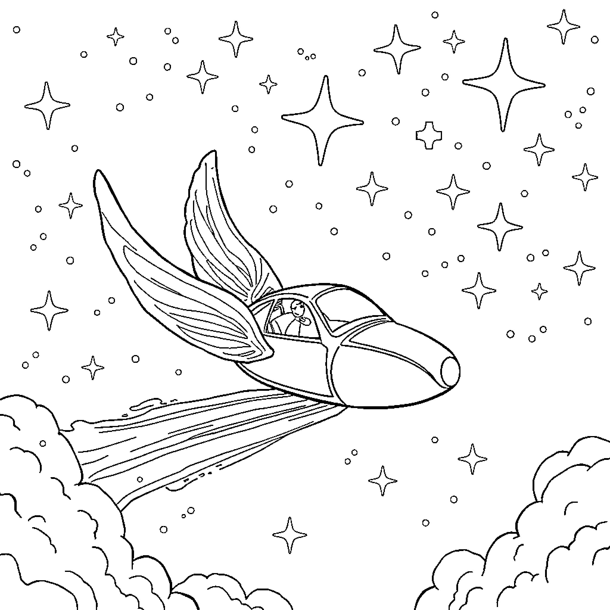 Flying Car with Winged Jet in Starry Skies Coloring Page (free black-and-white line drawing printable PDF for all, from beginners to advanced learners, including children, teens, adults, and seniors)