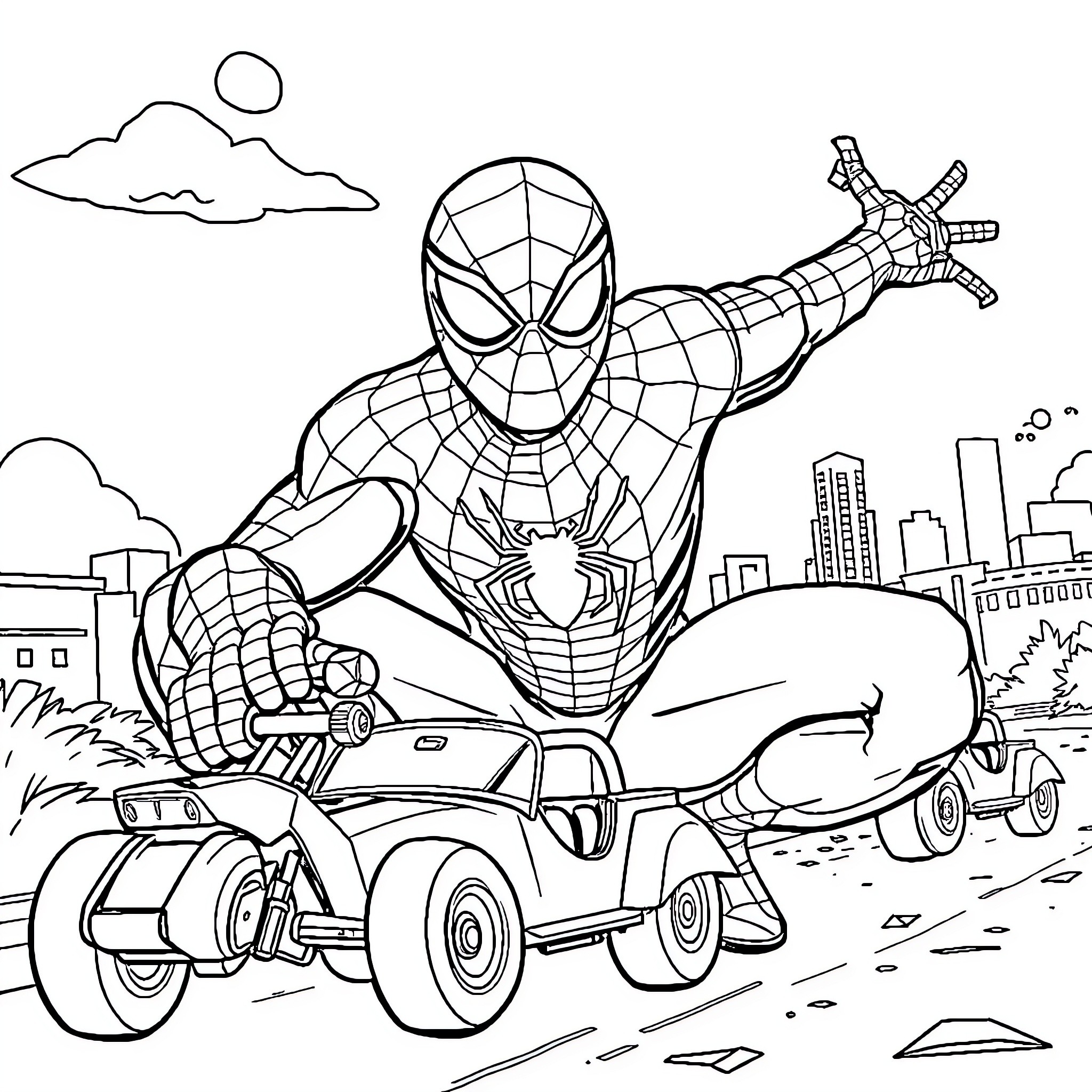 Spiderman swinging through the city on his web Coloring Page (free black-and-white line drawing printable PDF for all, from beginners to advanced learners, including children, teens, adults, and seniors)