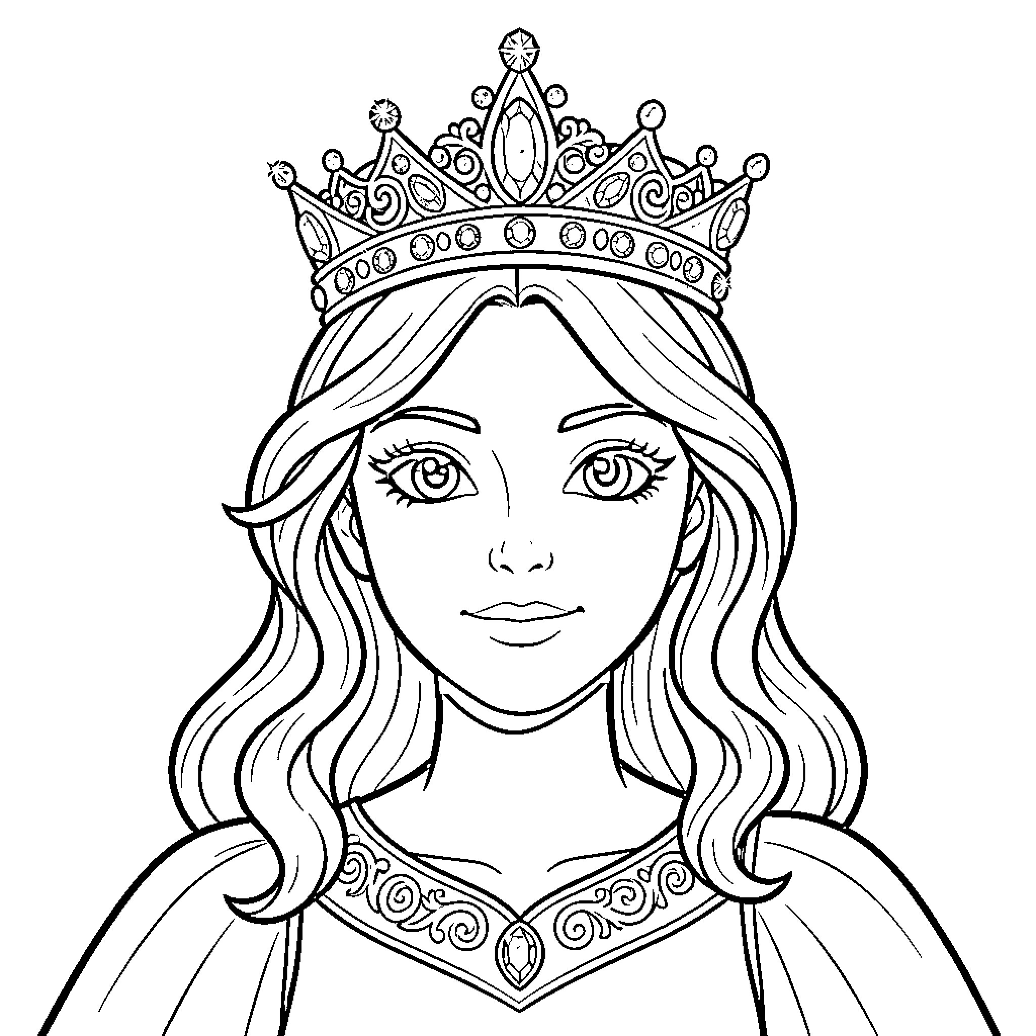 Princess Adorned in Elegant Crown and Regal Attire Coloring Page (free black-and-white line drawing printable PDF for all, from beginners to advanced learners, including children, teens, adults, and seniors)