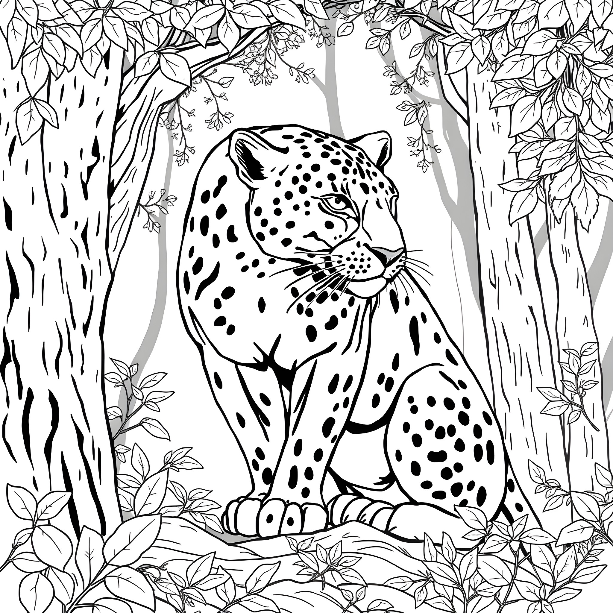 Panther resting in the lush forest Coloring Page (free black-and-white line drawing printable PDF for all, from beginners to advanced learners, including children, teens, adults, and seniors)