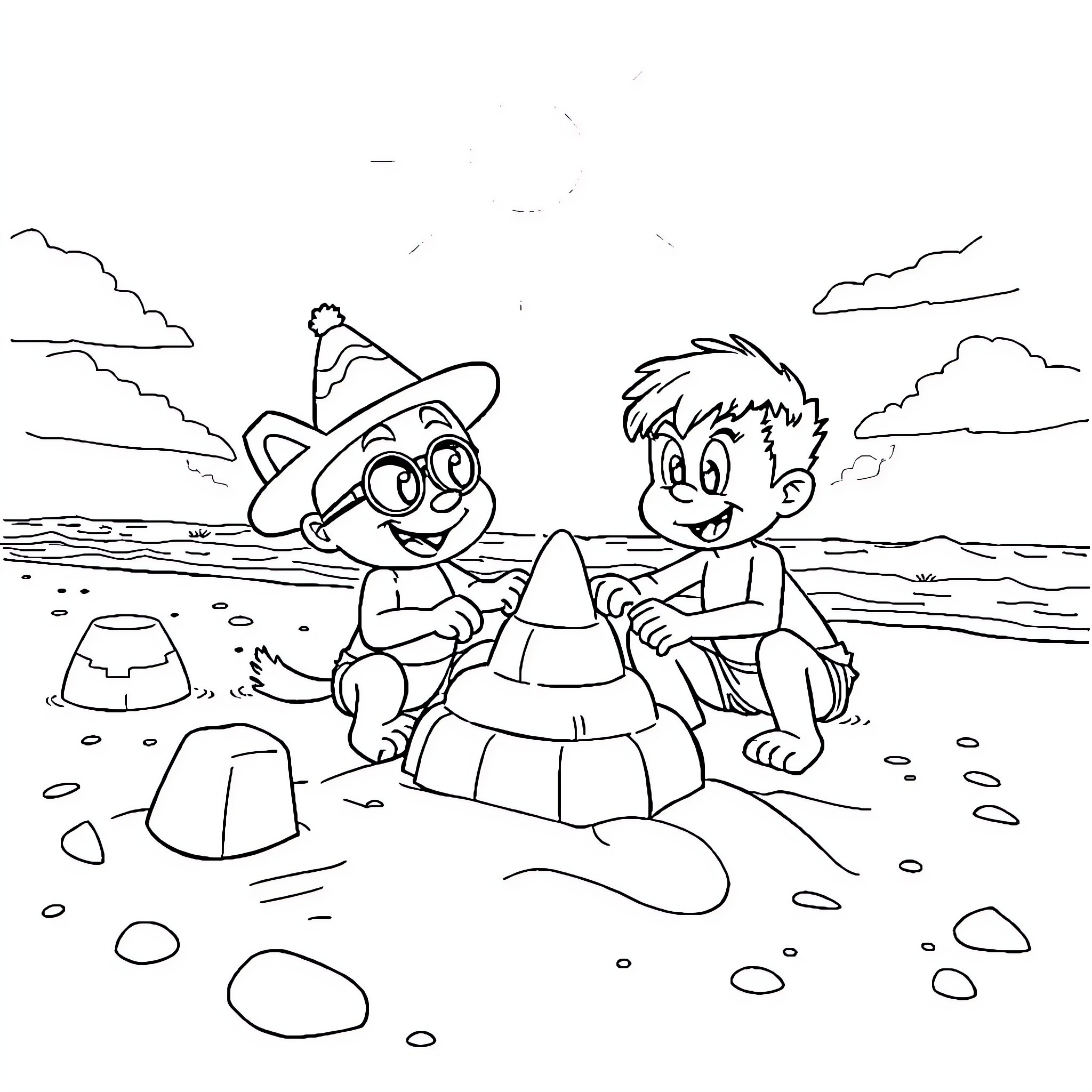 Bluey and friend play in the sand Coloring Page (free black-and-white line drawing printable PDF for all, from beginners to advanced learners, including children, teens, adults, and seniors)