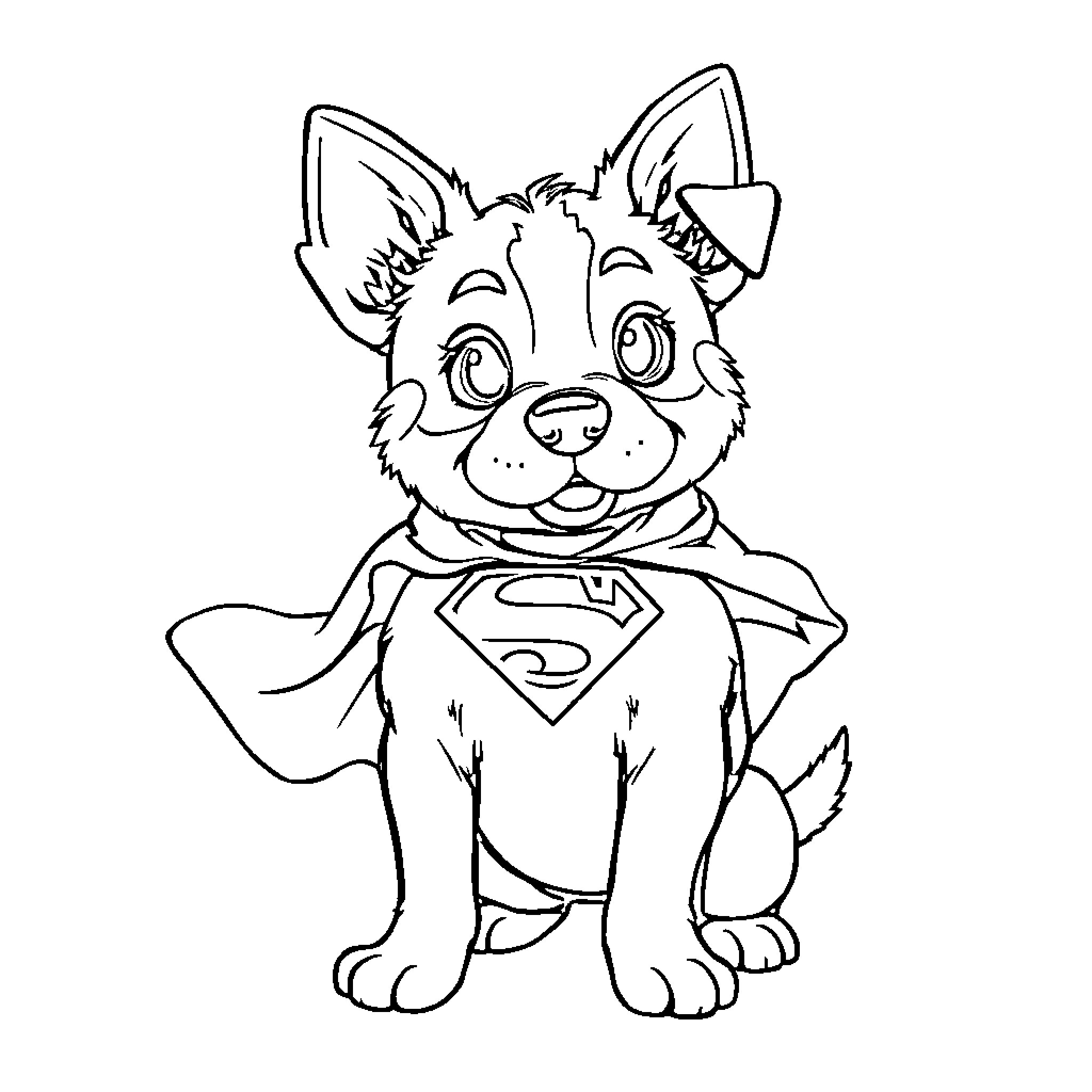 Dog dressed as superhero with happy expression Coloring Page (free black-and-white line drawing printable PDF for all, from beginners to advanced learners, including children, teens, adults, and seniors)