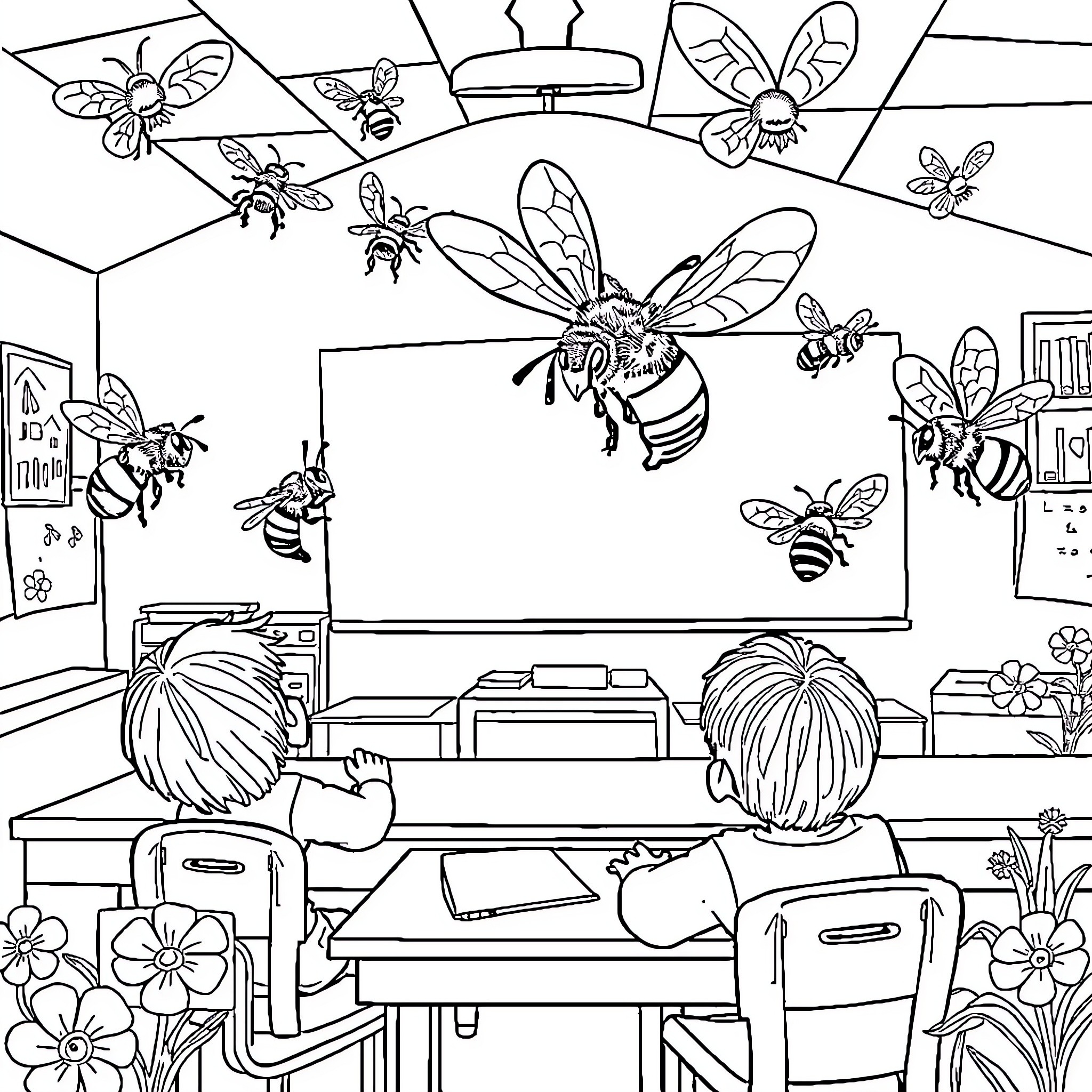 Bee-utiful Classroom: Busy Bees Buzzing in the Learning Space Coloring Page (free black-and-white line drawing printable PDF for all, from beginners to advanced learners, including children, teens, adults, and seniors)