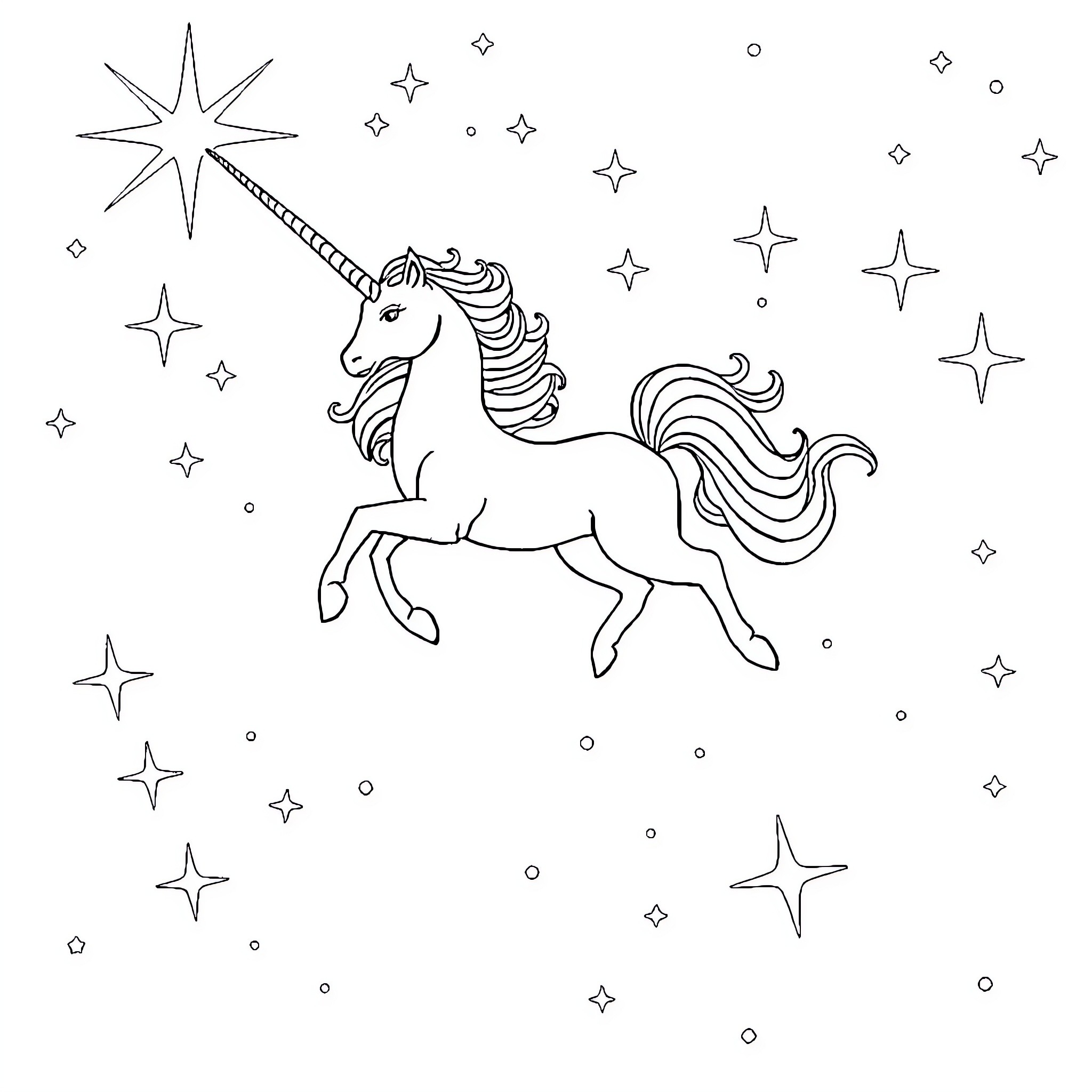 Unicorn dancing among sparkling stars Coloring Page (free black-and-white line drawing printable PDF for all, from beginners to advanced learners, including children, teens, adults, and seniors)
