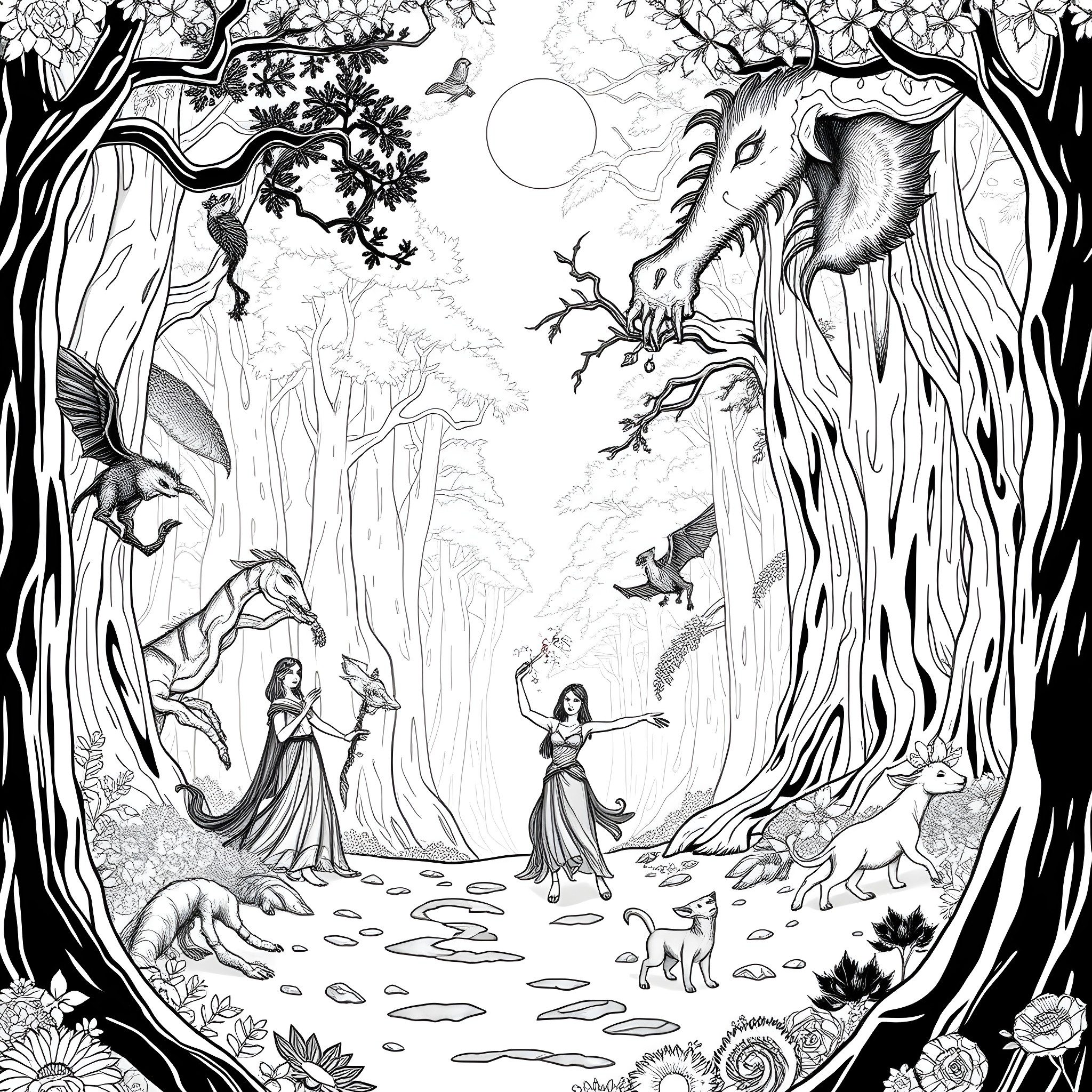 Amonti's Enchanted Forest Adventure Coloring Page (free black-and-white line drawing printable PDF for all, from beginners to advanced learners, including children, teens, adults, and seniors)