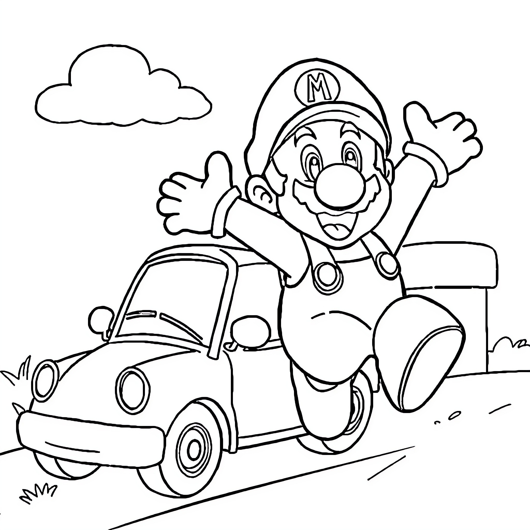 Super Mario Driving Happily in His Car Coloring Page (free black-and-white line drawing printable PDF for all, from beginners to advanced learners, including children, teens, adults, and seniors)