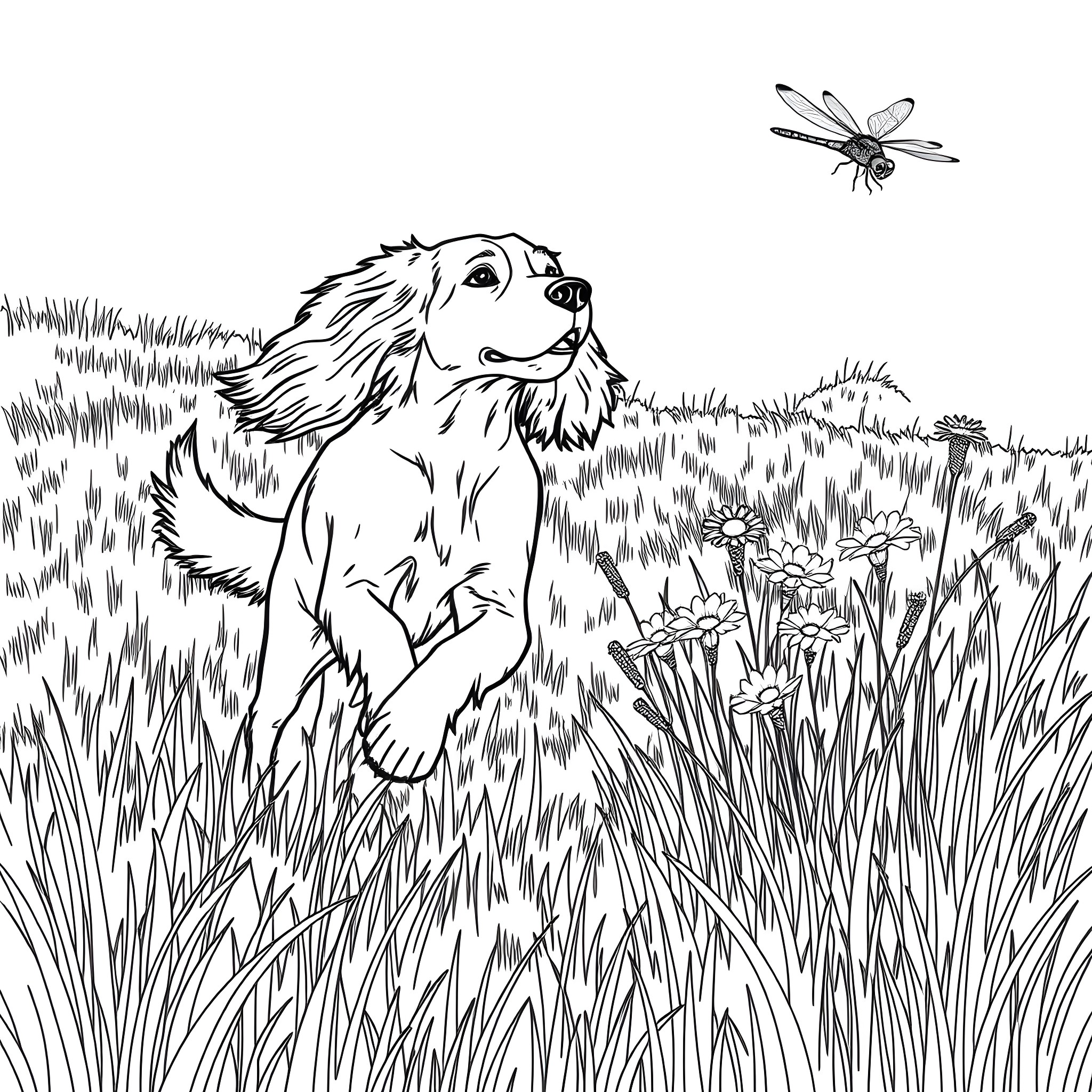 Dog watching dragonfly in a grassy field Coloring Page (free black-and-white line drawing printable PDF for all, from beginners to advanced learners, including children, teens, adults, and seniors)