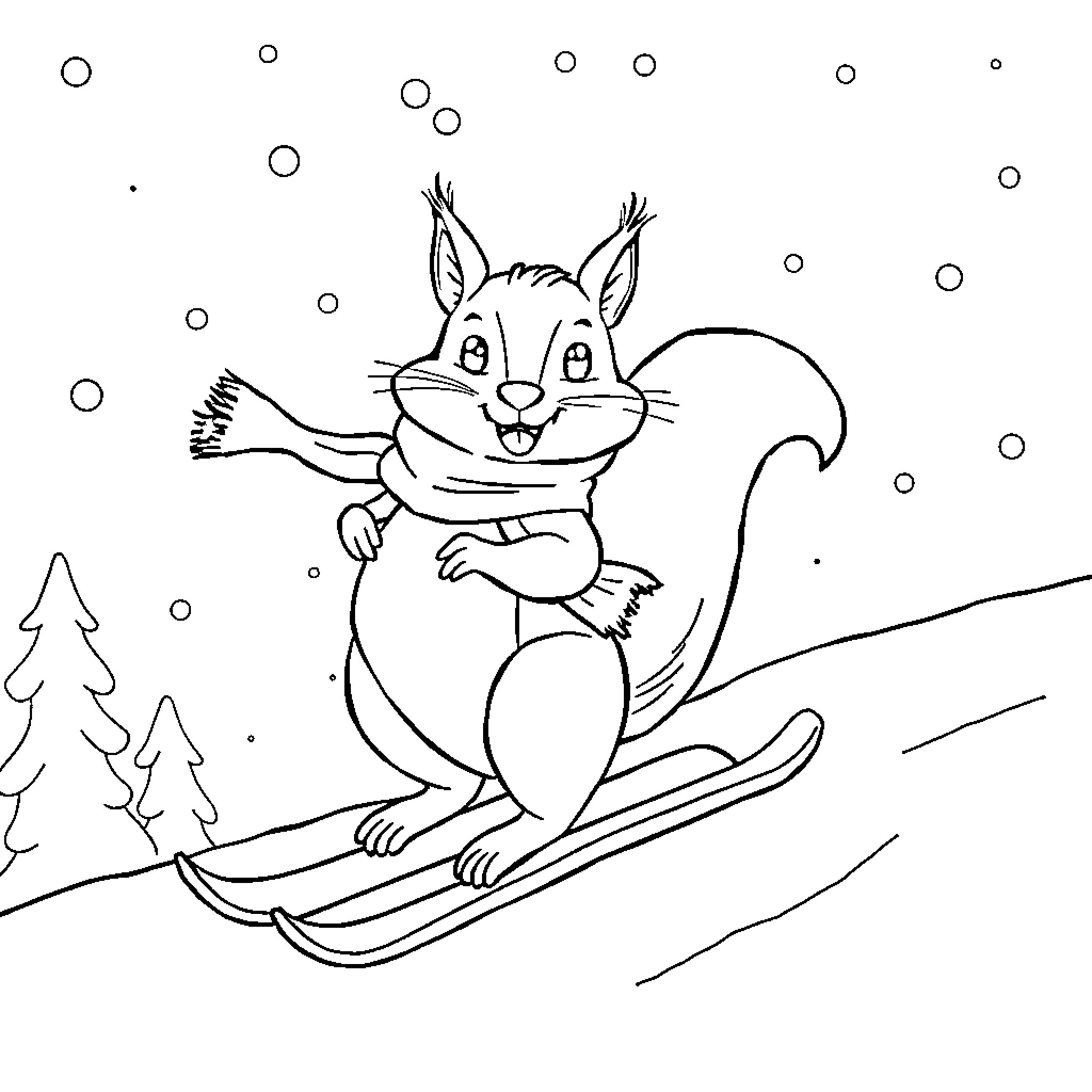 Squirrel skiing cheerfully in snowy forest Coloring Page (free black-and-white line drawing printable PDF for all, from beginners to advanced learners, including children, teens, adults, and seniors)