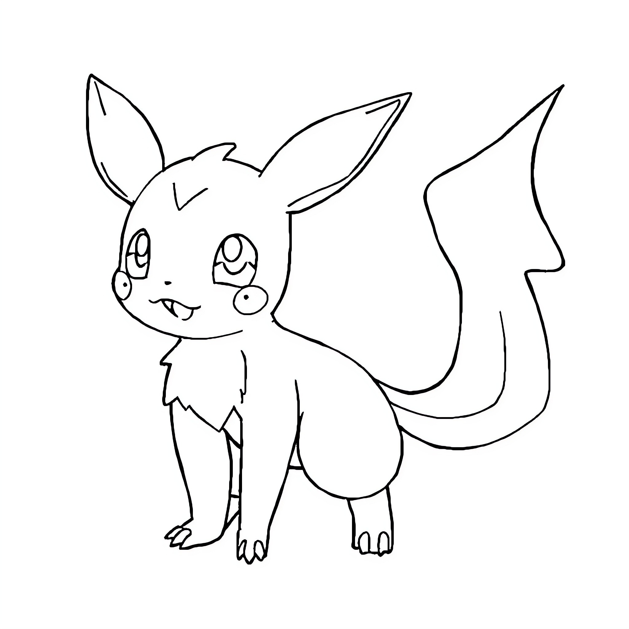 Raichu character standing with cute expression Coloring Page (free black-and-white line drawing printable PDF for all, from beginners to advanced learners, including children, teens, adults, and seniors)