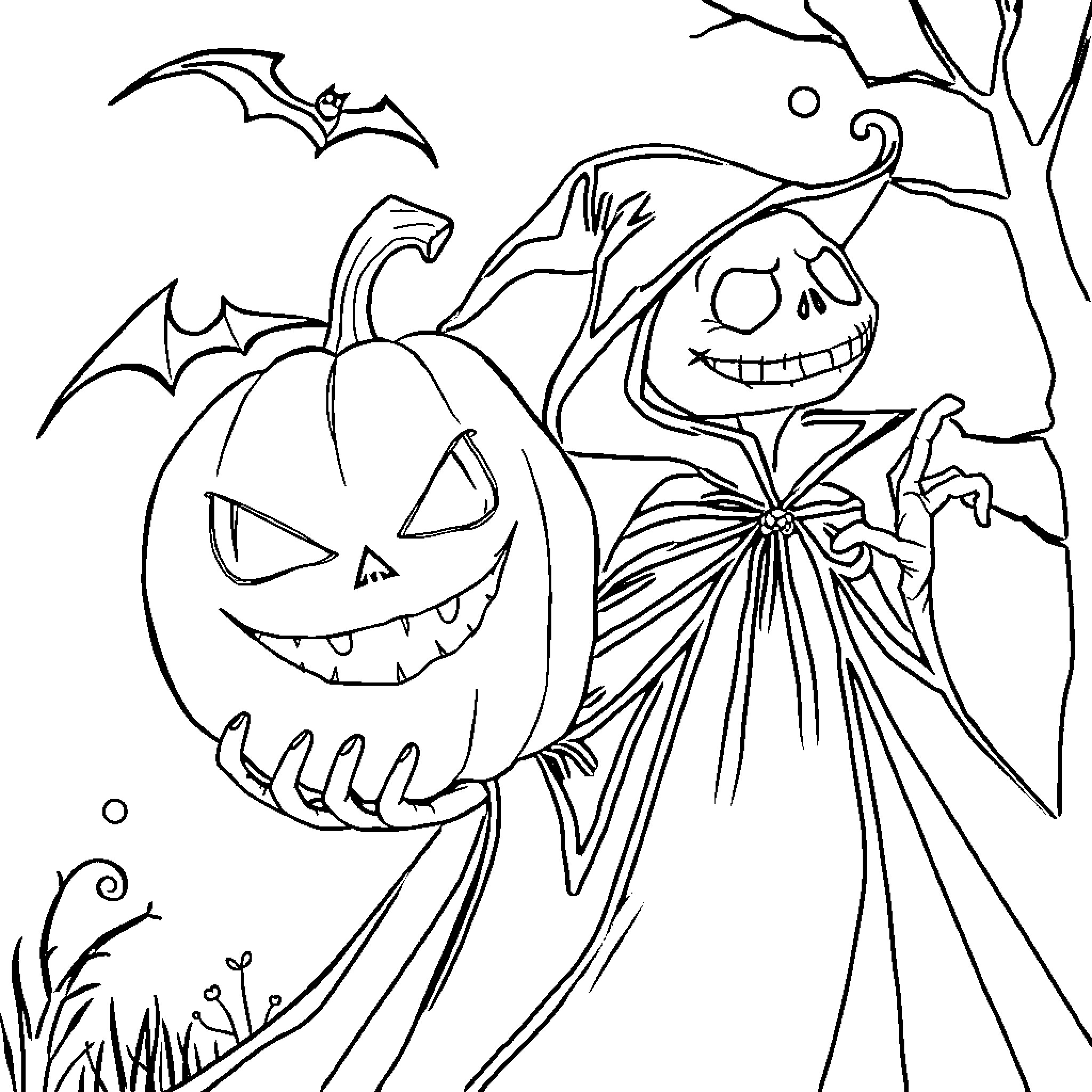 Death of Halloween characters in eerie forest Coloring Page (free black-and-white line drawing printable PDF for all, from beginners to advanced learners, including children, teens, adults, and seniors)