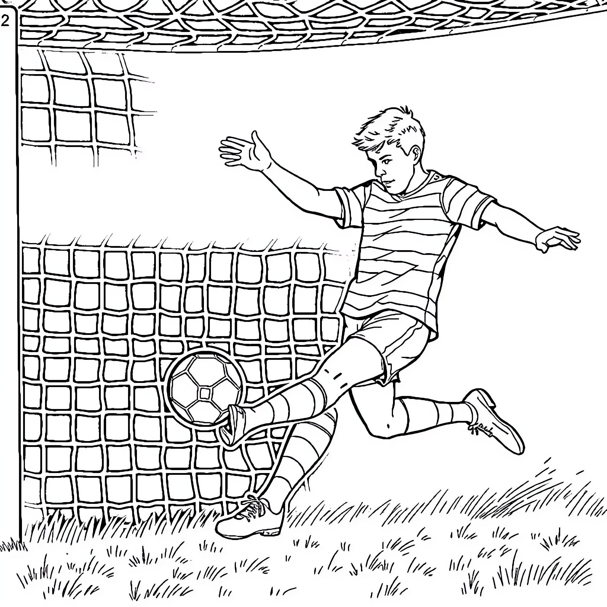Football Player Kicking Ball on Field Coloring Page (free black-and-white line drawing printable PDF for all, from beginners to advanced learners, including children, teens, adults, and seniors)