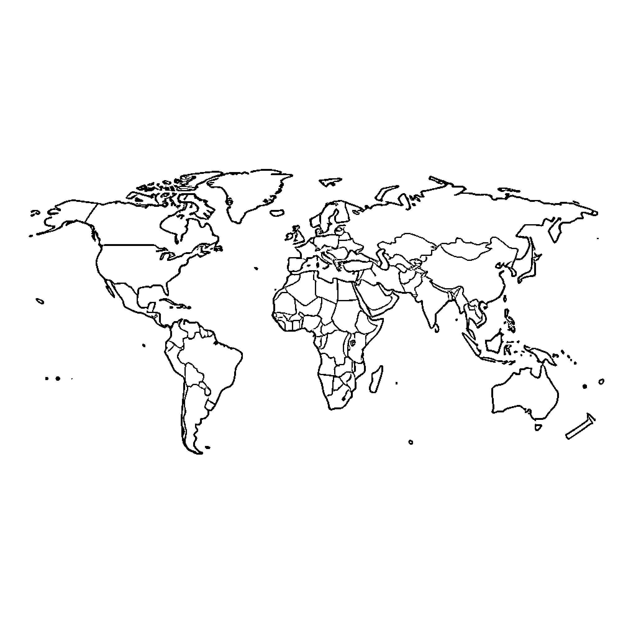 Map of world outlines with no fill Coloring Page (free black-and-white line drawing printable PDF for all, from beginners to advanced learners, including children, teens, adults, and seniors)