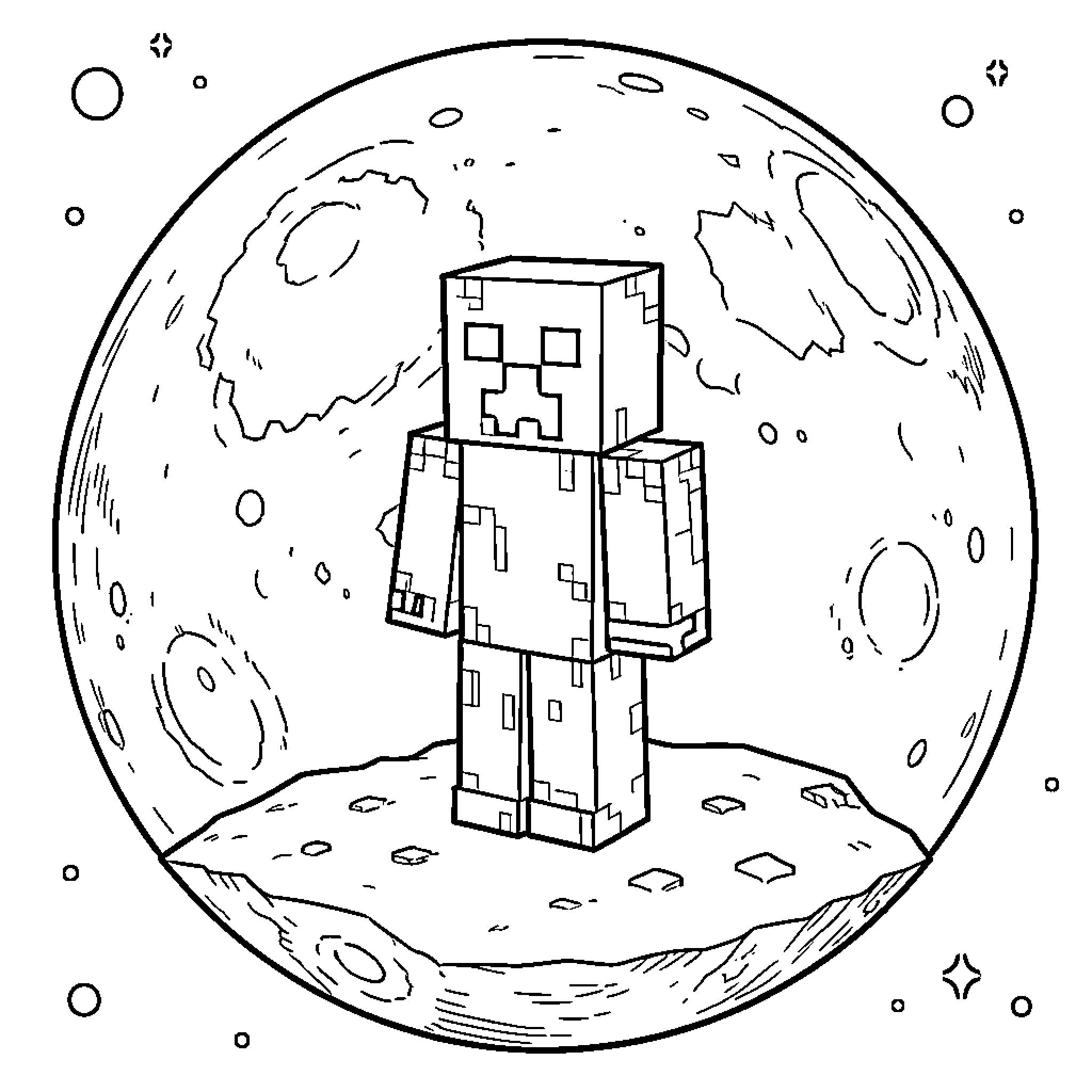 Creeper exploring the lunar landscape Coloring Page (free black-and-white line drawing printable PDF for all, from beginners to advanced learners, including children, teens, adults, and seniors)
