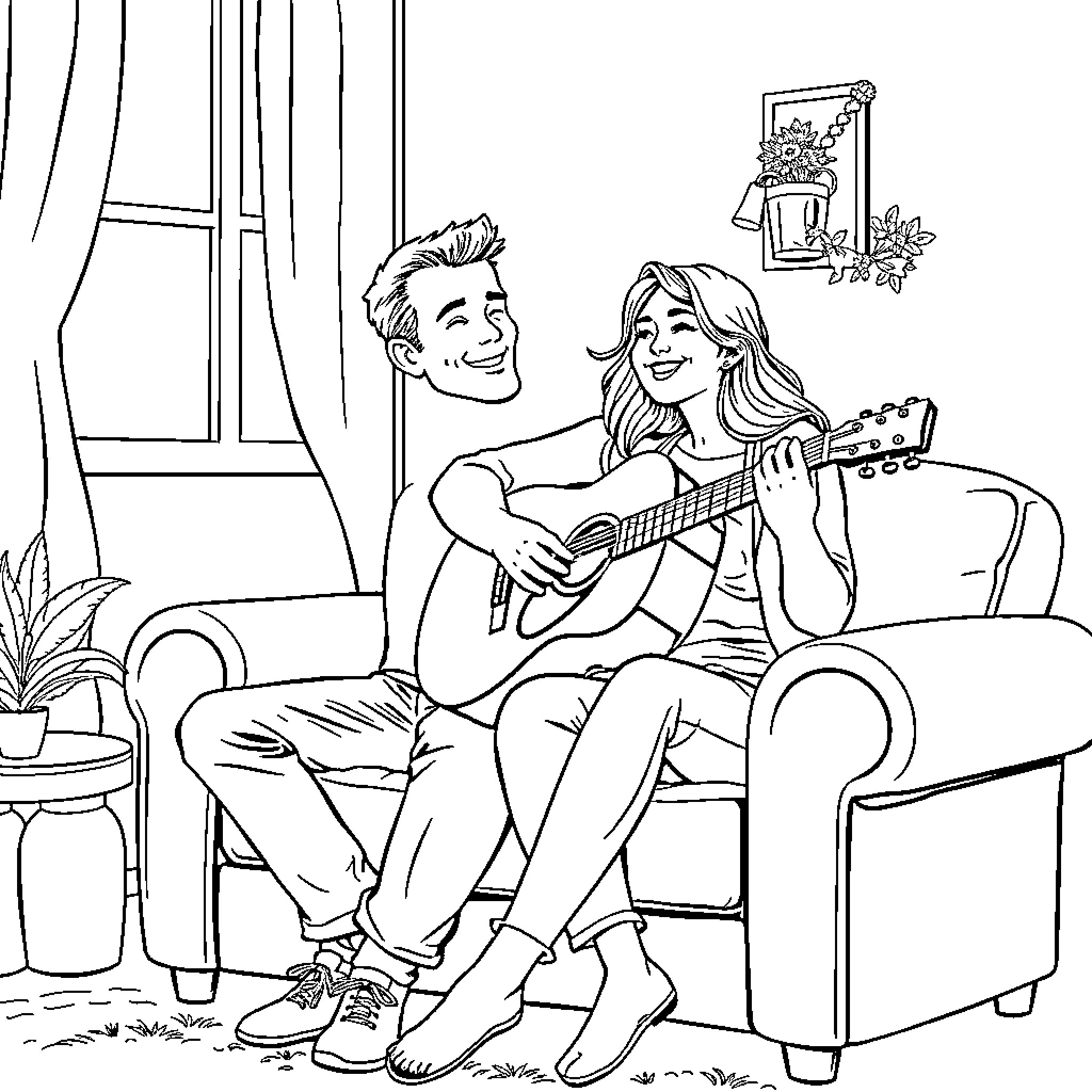 Man and Woman Enjoying Guitar Performance at Home Coloring Page (free black-and-white line drawing printable PDF for all, from beginners to advanced learners, including children, teens, adults, and seniors)