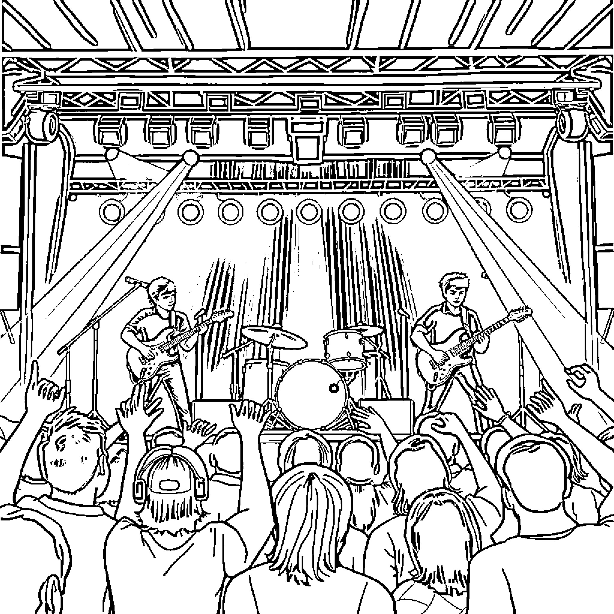 Banda Morat performing lively music on stage for an attentive audience Coloring Page (free black-and-white line drawing printable PDF for all, from beginners to advanced learners, including children, teens, adults, and seniors)
