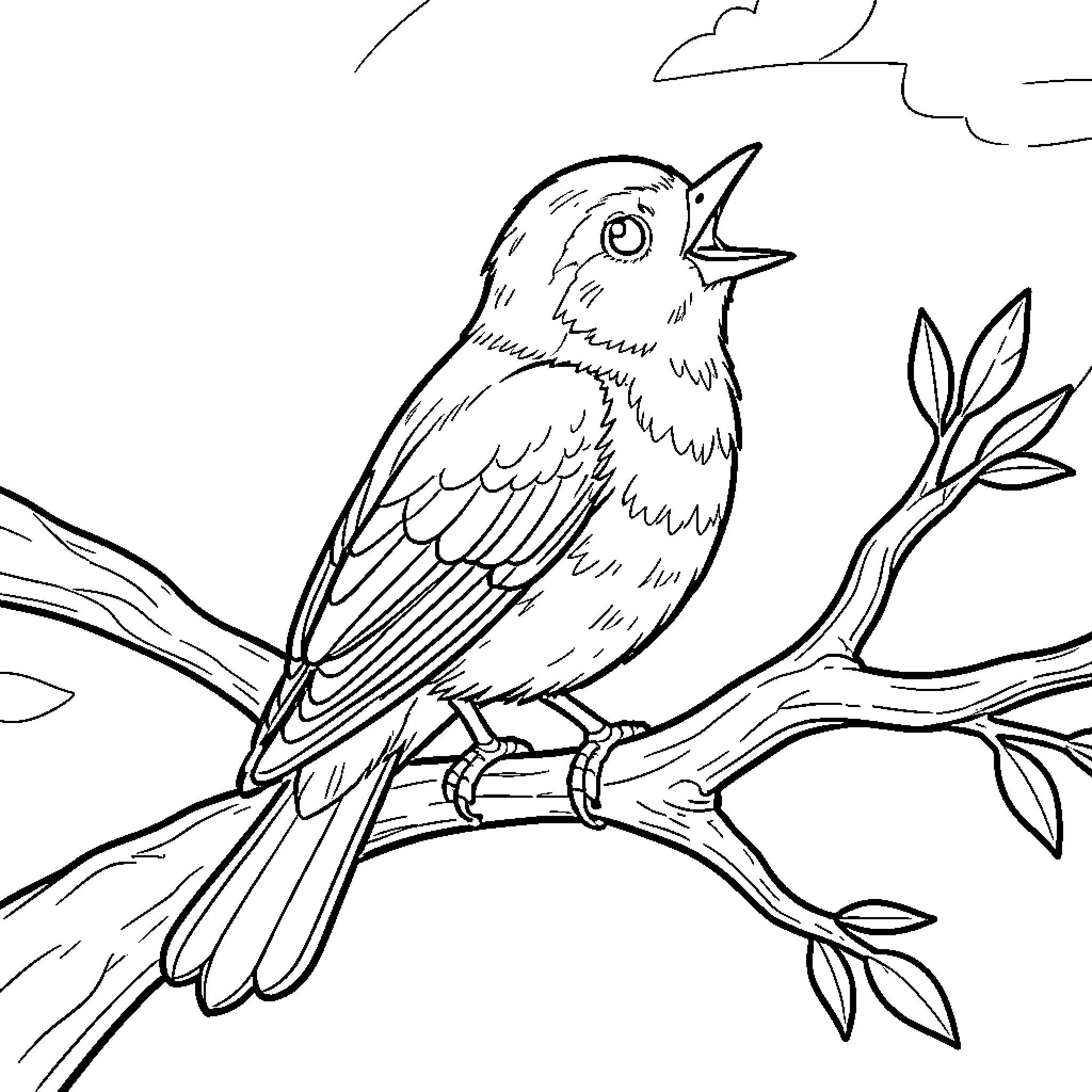 Bird perched on a branch with leaves Coloring Page (free black-and-white line drawing printable PDF for all, from beginners to advanced learners, including children, teens, adults, and seniors)