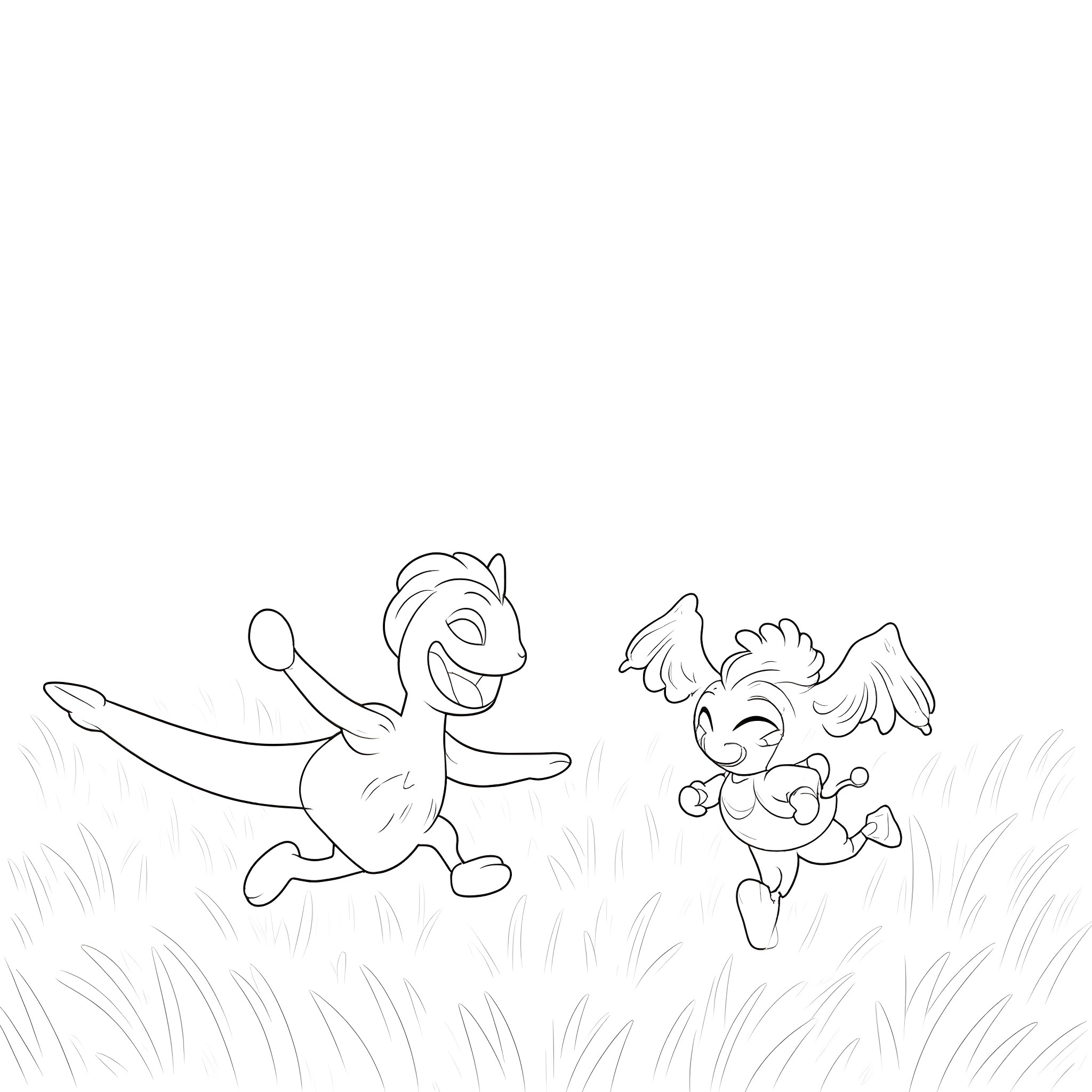 Digimon characters playing joyfully in the field Coloring Page (free black-and-white line drawing printable PDF for all, from beginners to advanced learners, including children, teens, adults, and seniors)