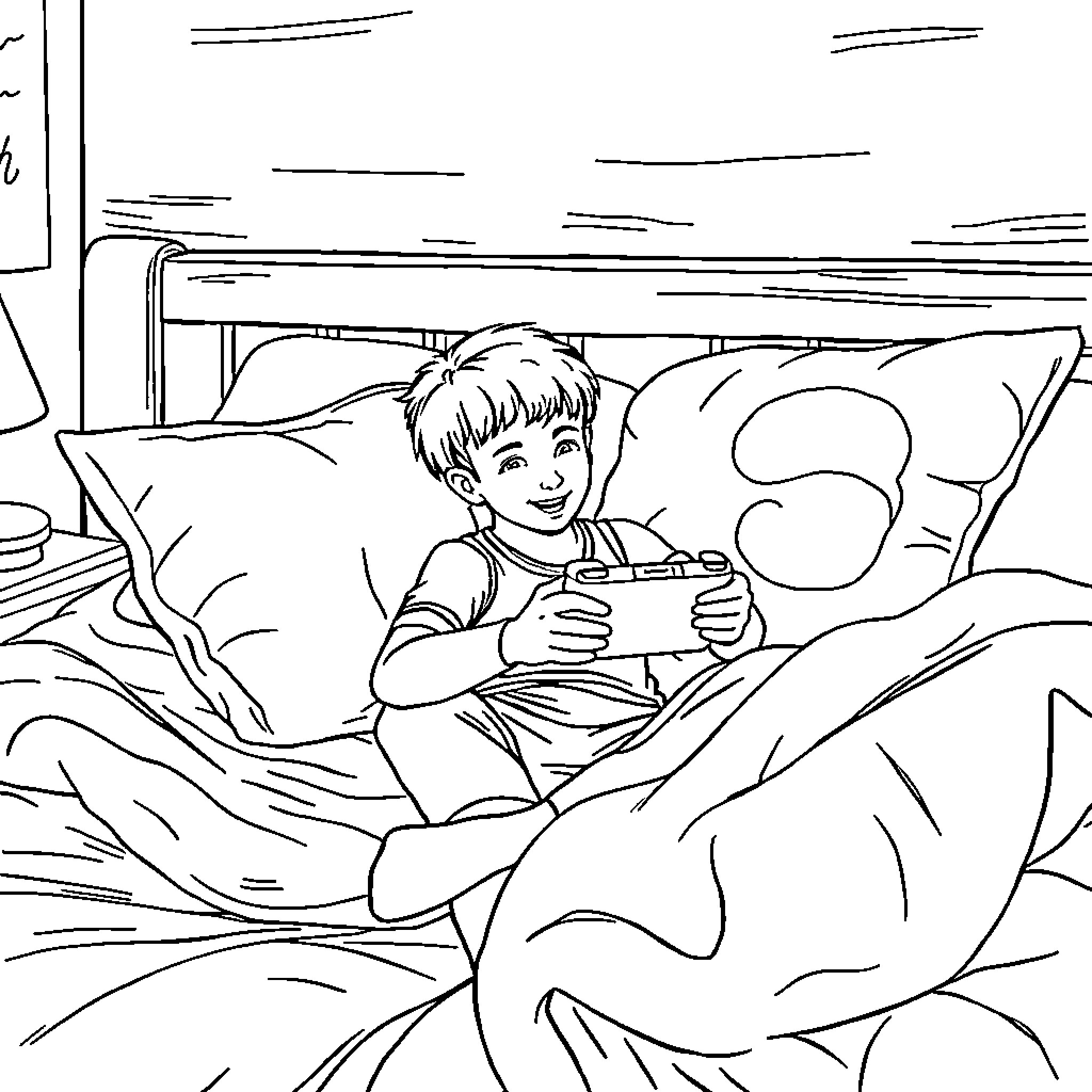Fortnite Player Enjoying Game in Bed Coloring Page (free black-and-white line drawing printable PDF for all, from beginners to advanced learners, including children, teens, adults, and seniors)