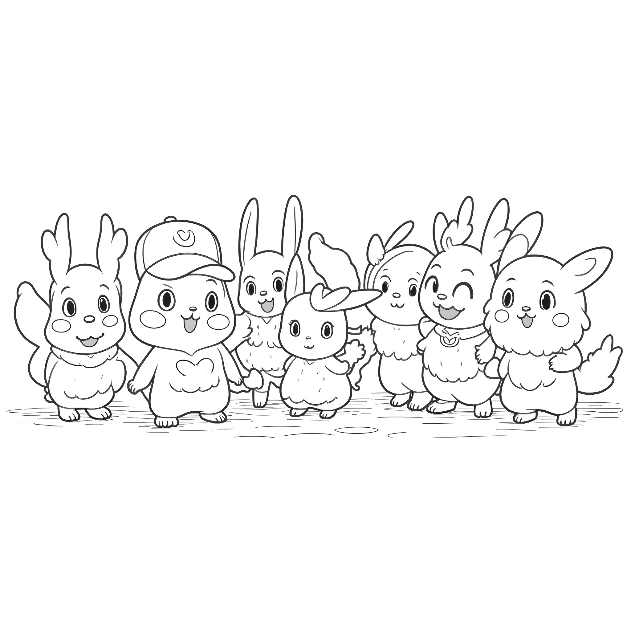 Pokémon characters in a group pose Coloring Page (free black-and-white line drawing printable PDF for all, from beginners to advanced learners, including children, teens, adults, and seniors)