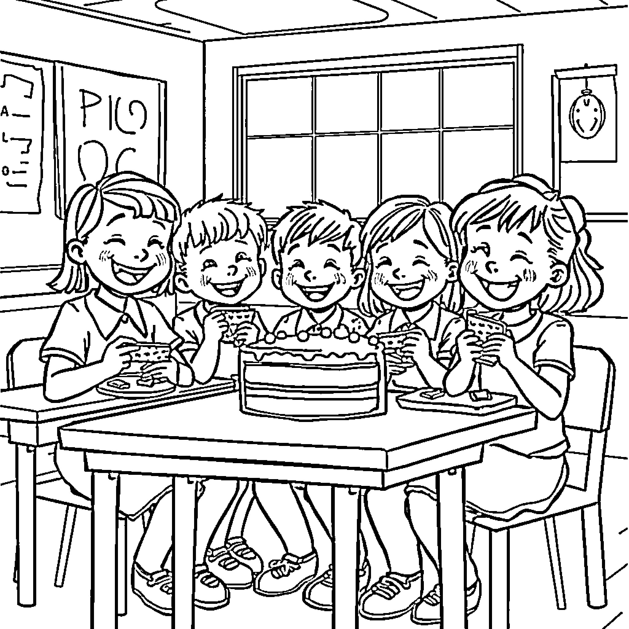Schoolclass enjoying a celebration with cake Coloring Page (free black-and-white line drawing printable PDF for all, from beginners to advanced learners, including children, teens, adults, and seniors)