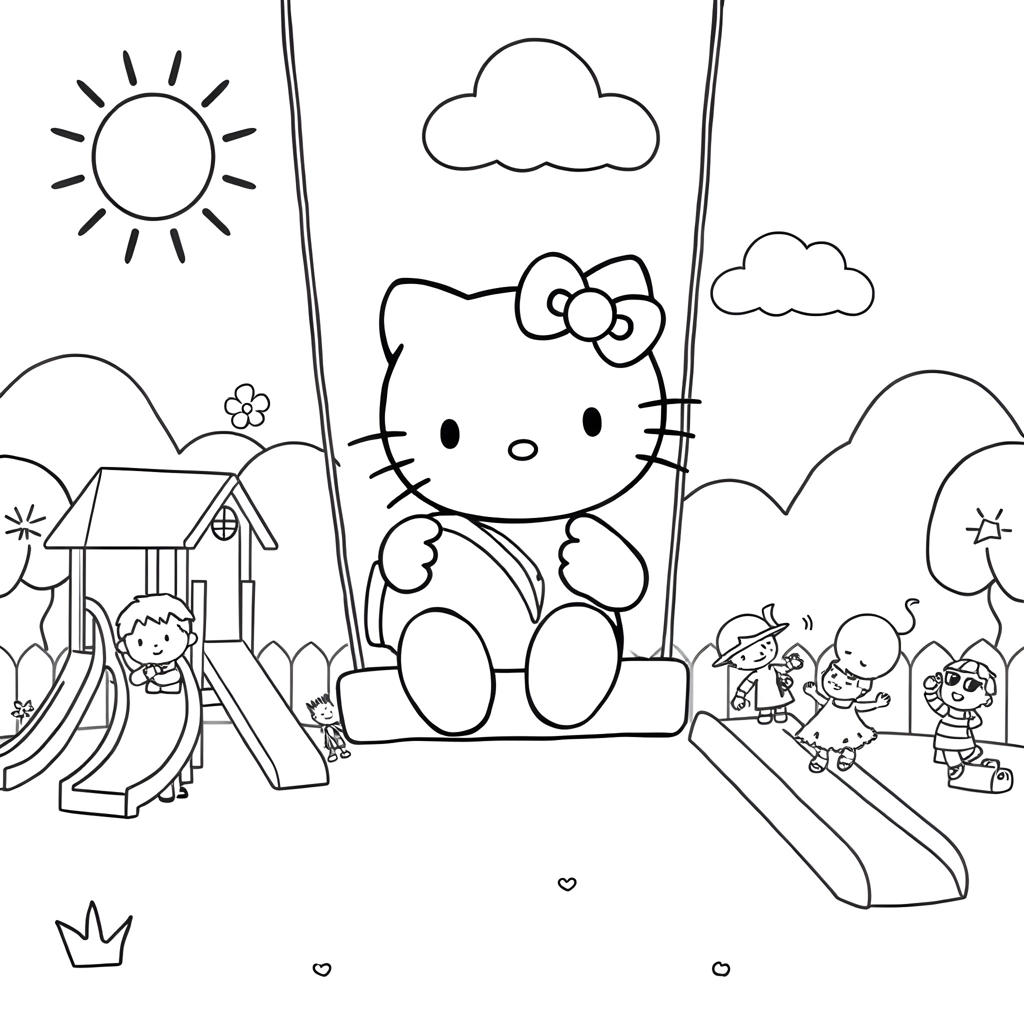 Hello Kitty enjoying playtime on the swing Coloring Page (free black-and-white line drawing printable PDF for all, from beginners to advanced learners, including children, teens, adults, and seniors)