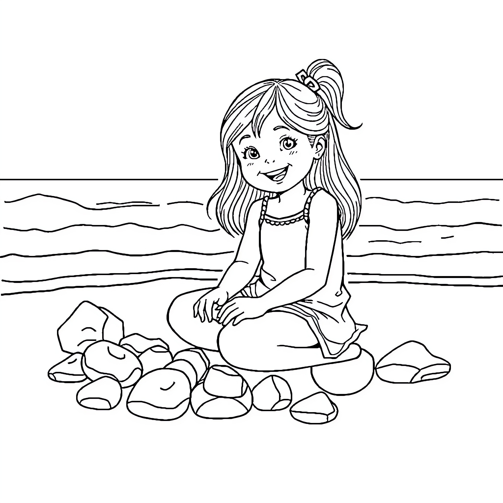 Girl playing cheerfully on the beach Coloring Page (free black-and-white line drawing printable PDF for all, from beginners to advanced learners, including children, teens, adults, and seniors)