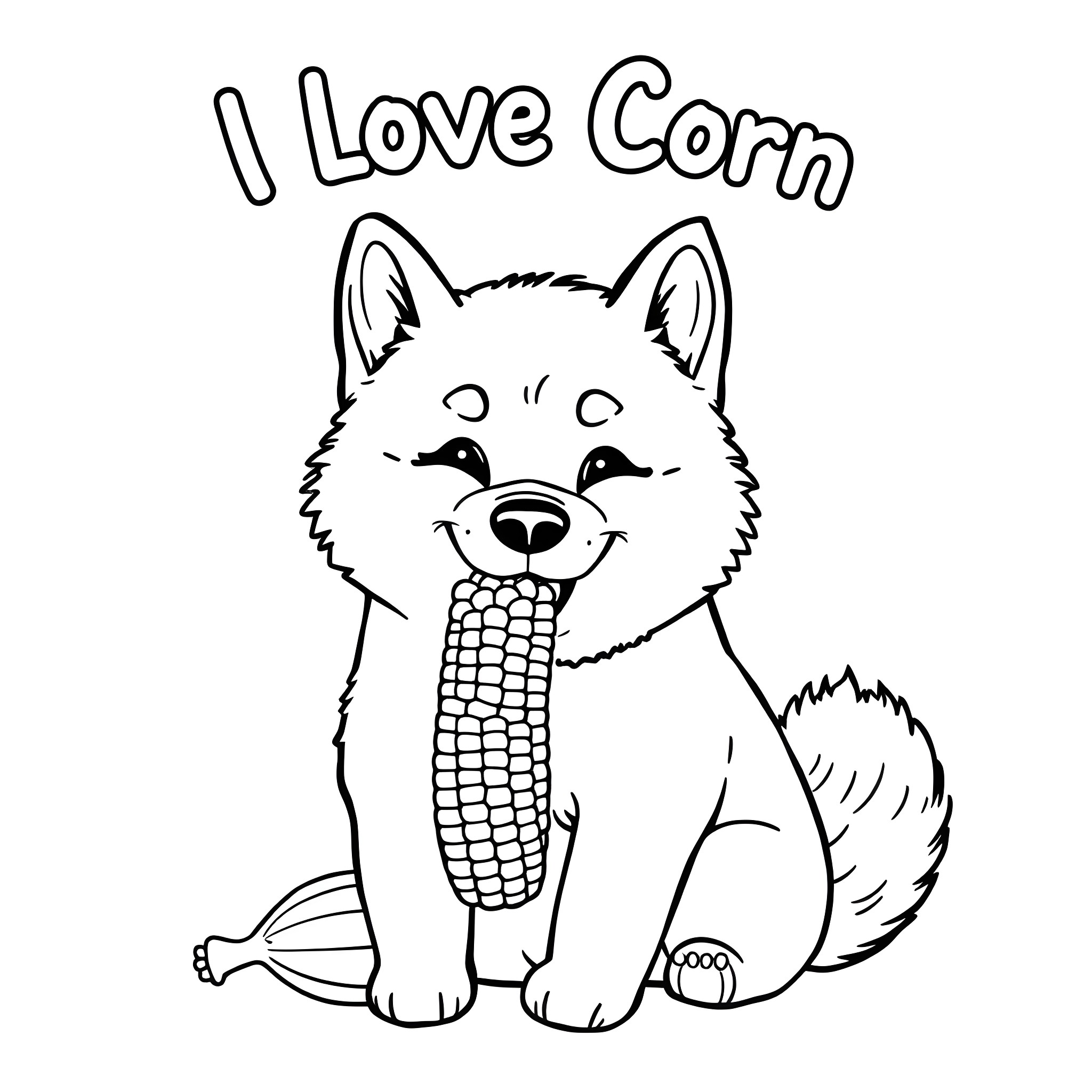 Shiba Inu enjoying corn Coloring Page (free black-and-white line drawing printable PDF for all, from beginners to advanced learners, including children, teens, adults, and seniors)