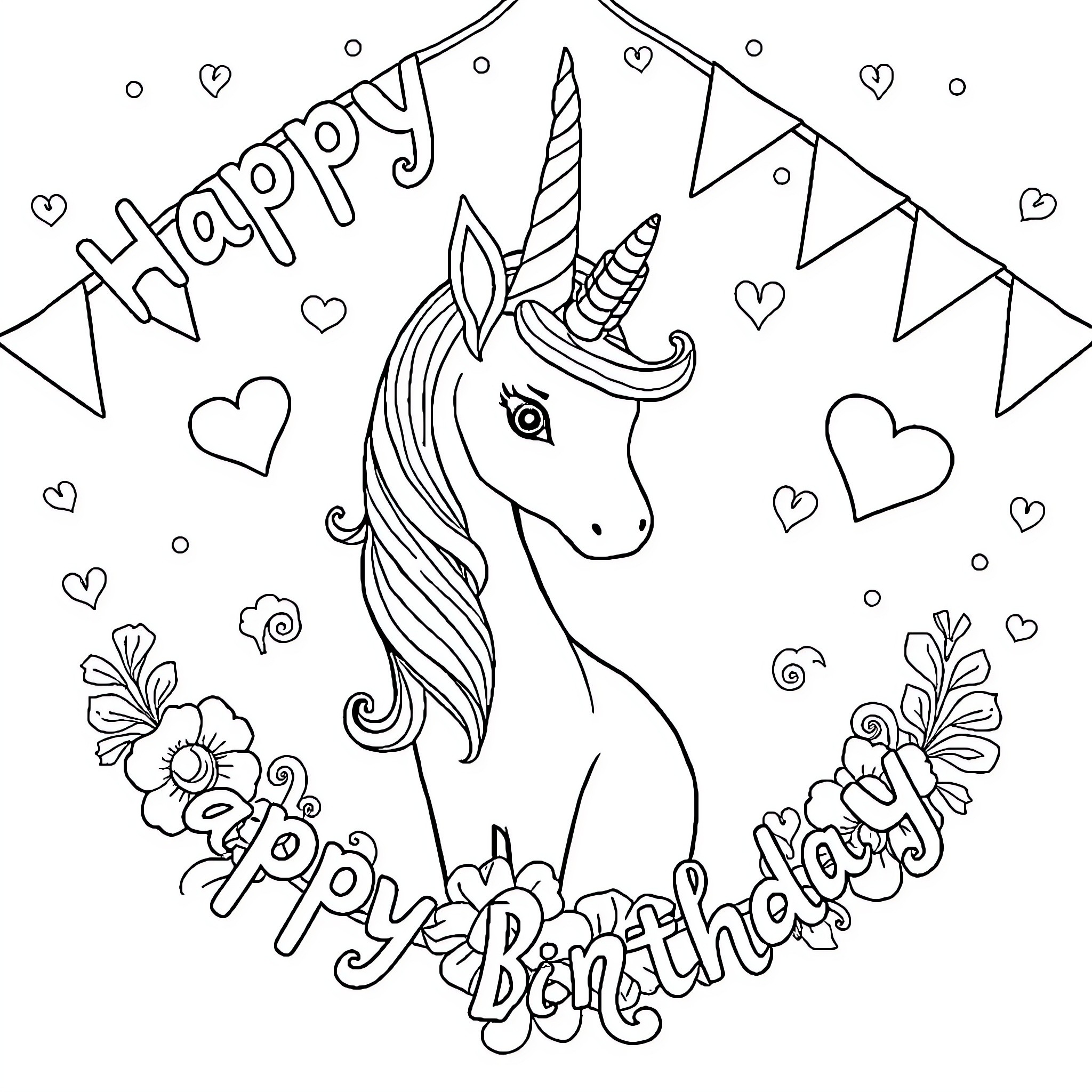 Unicorn celebrating a happy birthday with hearts and flags Coloring Page (free black-and-white line drawing printable PDF for all, from beginners to advanced learners, including children, teens, adults, and seniors)
