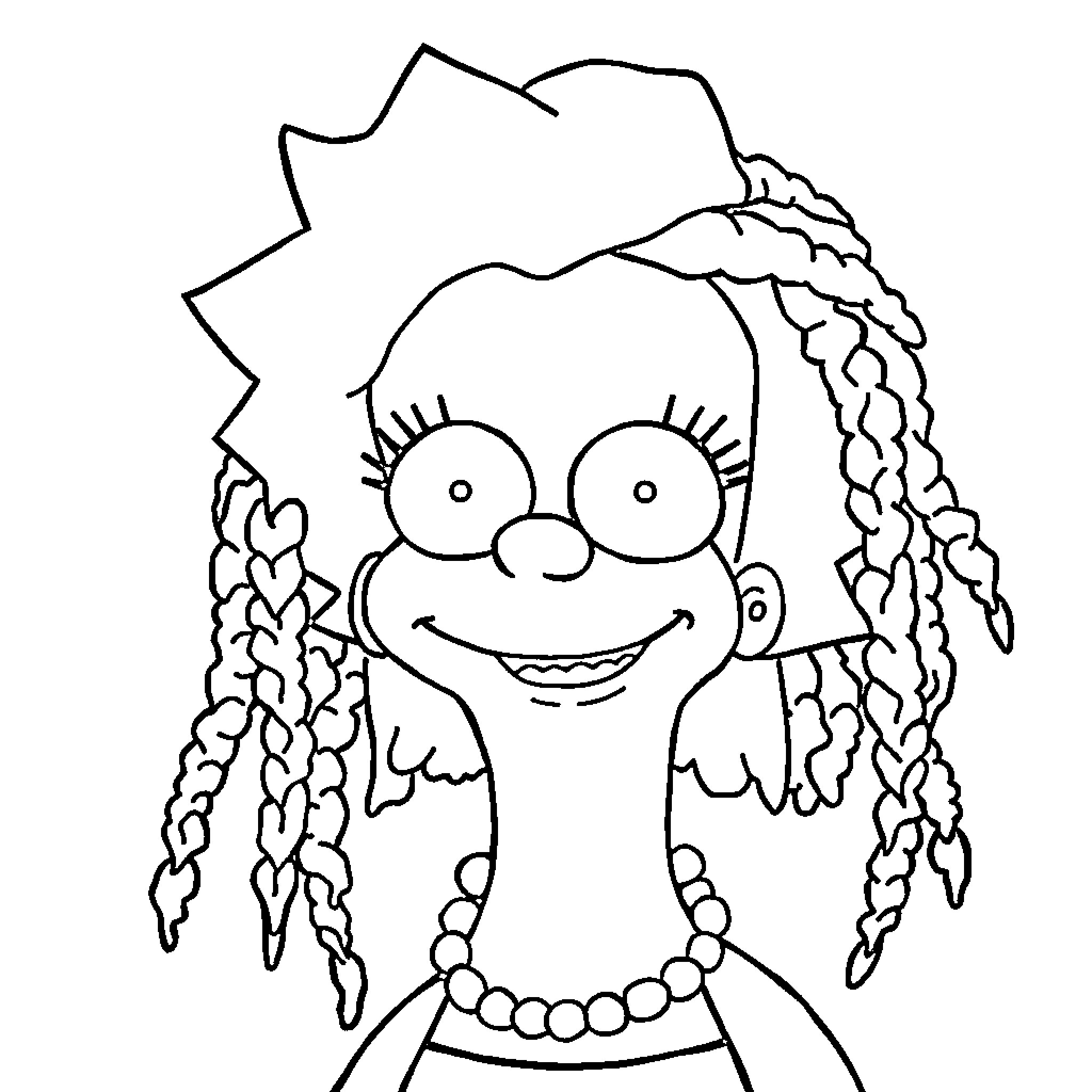 Lisa Simpson's Whimsical Hairstyle Coloring Page (free black-and-white line drawing printable PDF for all, from beginners to advanced learners, including children, teens, adults, and seniors)