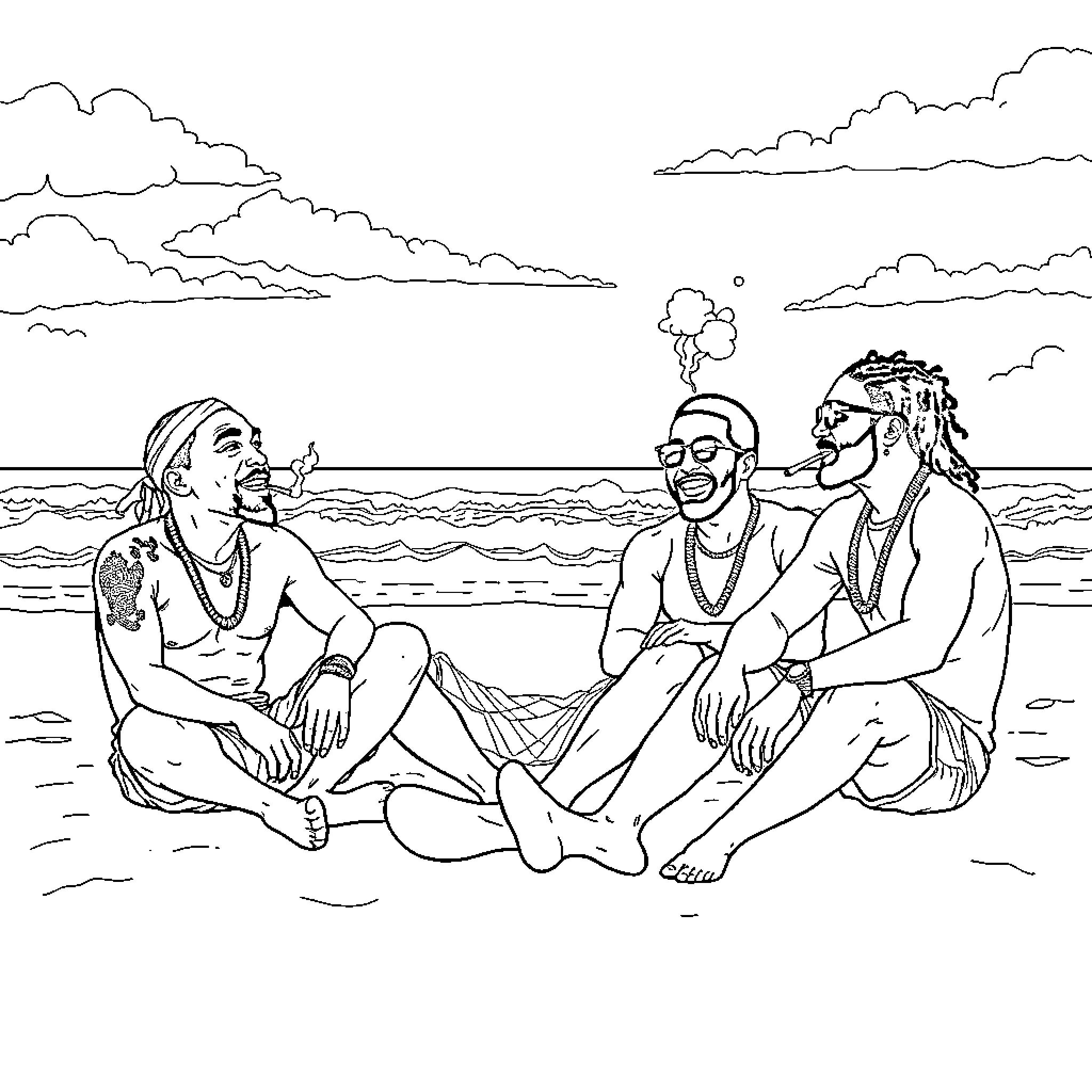 Tupac and friends enjoying a day at the beach Coloring Page (free black-and-white line drawing printable PDF for all, from beginners to advanced learners, including children, teens, adults, and seniors)
