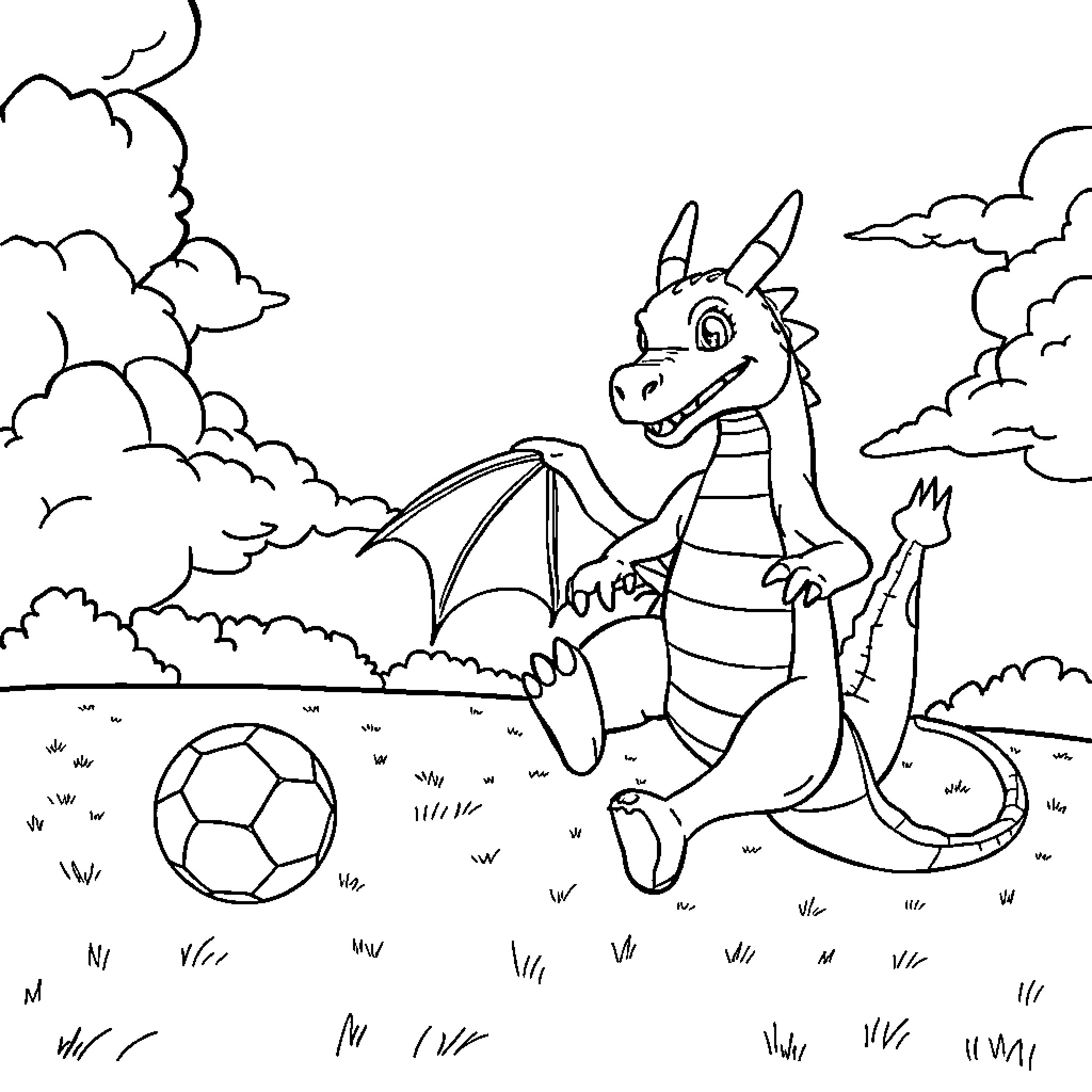 Enderdragon playing with a soccer ball in a grassy field Coloring Page (free black-and-white line drawing printable PDF for all, from beginners to advanced learners, including children, teens, adults, and seniors)