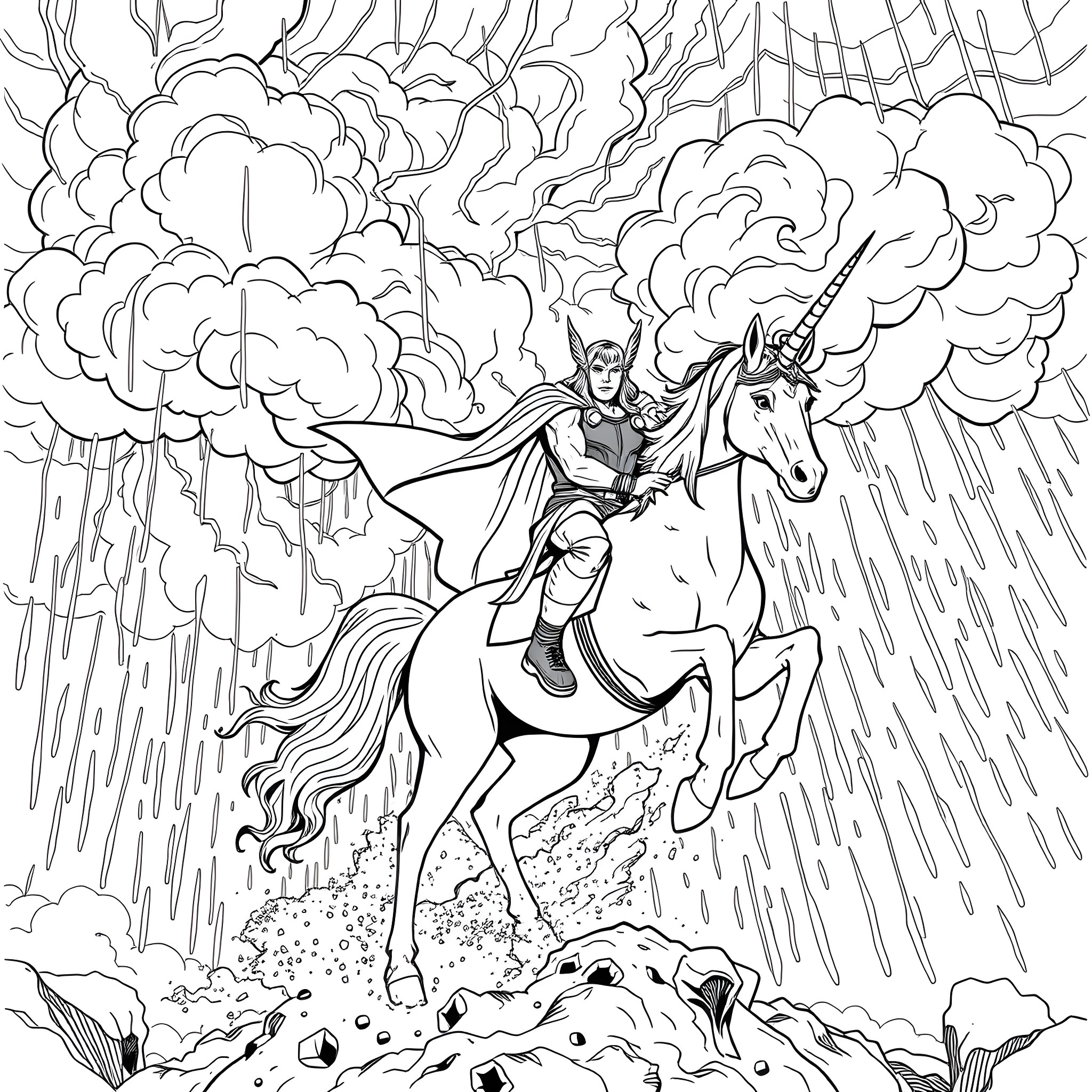 Thor Unicorn battles through stormy skies on a mystical journey Coloring Page (free black-and-white line drawing printable PDF for all, from beginners to advanced learners, including children, teens, adults, and seniors)