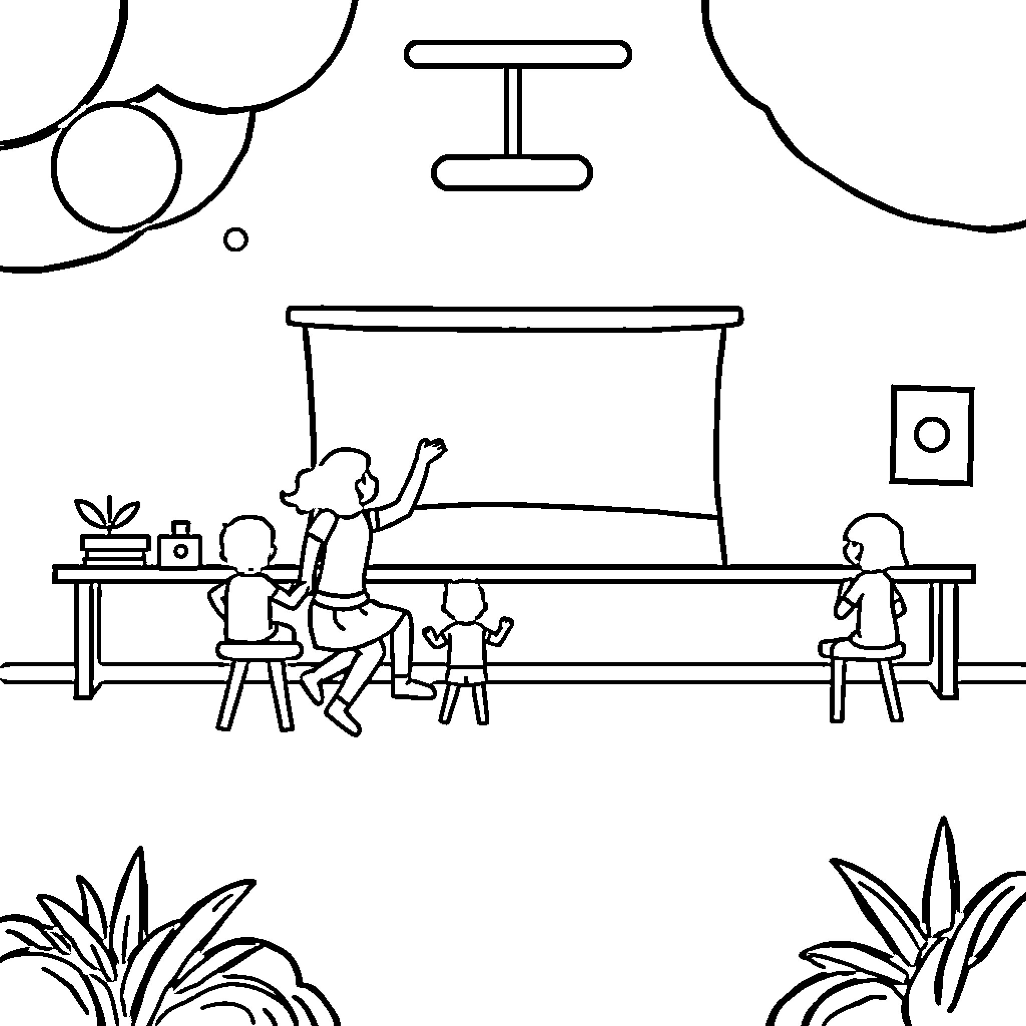 Physiotherapy session for family in indoor setting Coloring Page (free black-and-white line drawing printable PDF for all, from beginners to advanced learners, including children, teens, adults, and seniors)