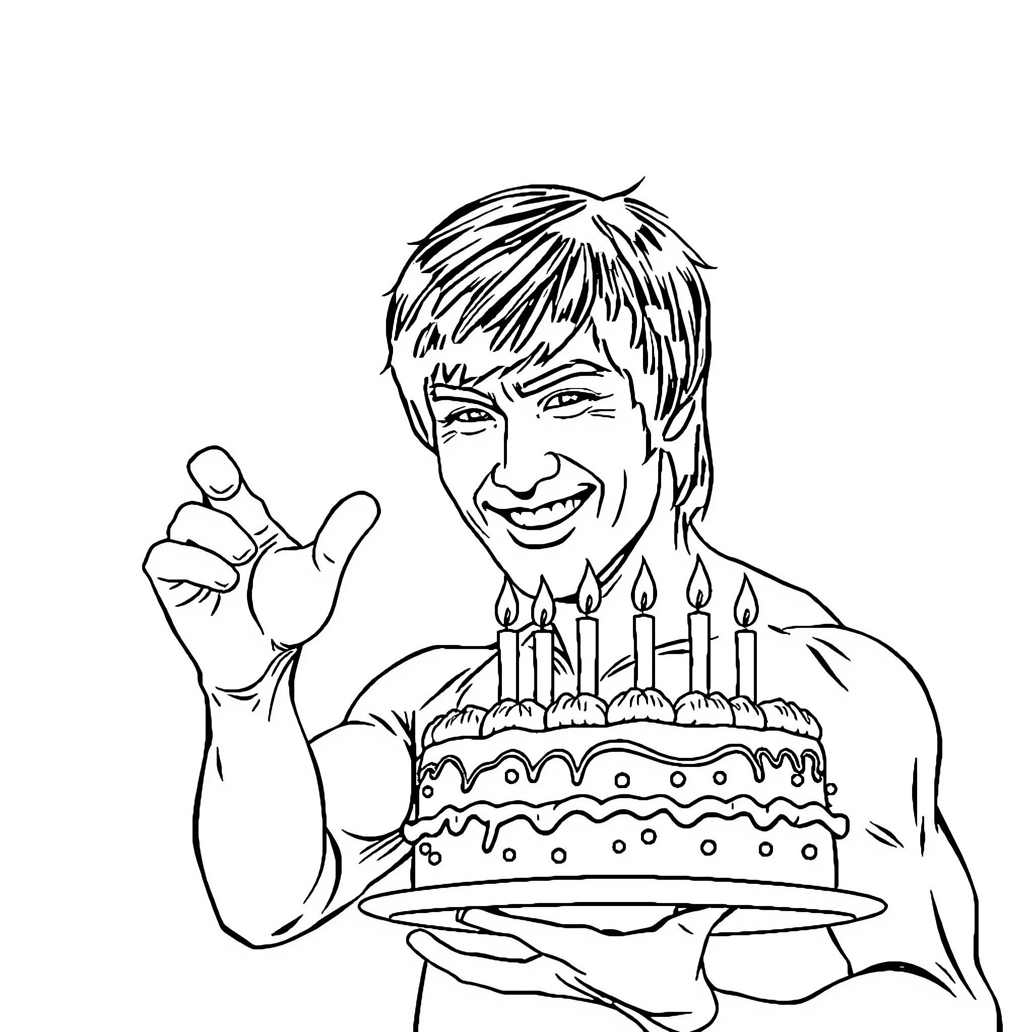 Bruce Lee Celebrating Birthday with Cake Coloring Page (free black-and-white line drawing printable PDF for all, from beginners to advanced learners, including children, teens, adults, and seniors)