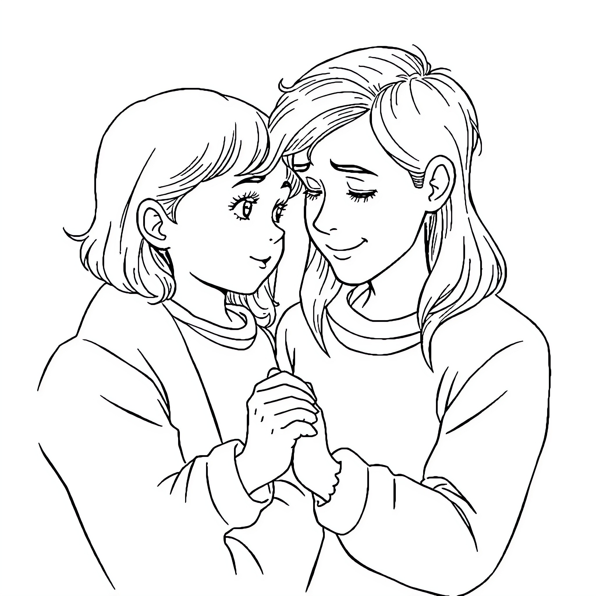 Mädchen's affectionate embrace Coloring Page (free black-and-white line drawing printable PDF for all, from beginners to advanced learners, including children, teens, adults, and seniors)