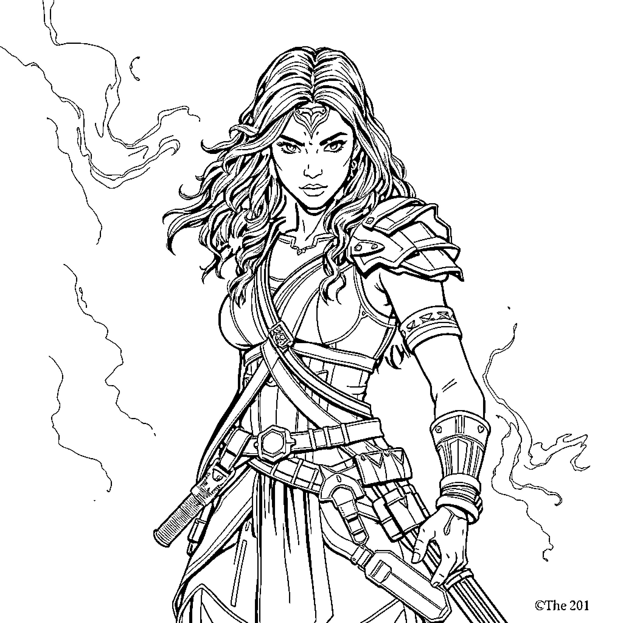 Octavia standing heroically in warrior attire Coloring Page (free black-and-white line drawing printable PDF for all, from beginners to advanced learners, including children, teens, adults, and seniors)