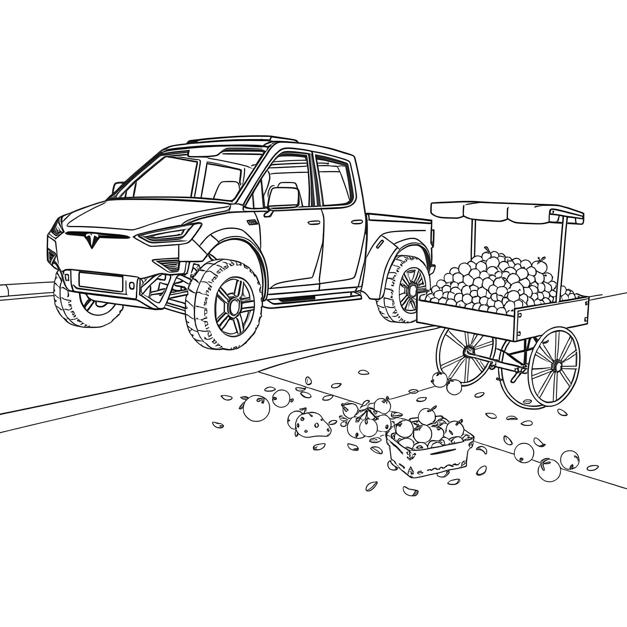 Car transporting apples in the countryside Coloring Page (free black-and-white line drawing printable PDF for all, from beginners to advanced learners, including children, teens, adults, and seniors)