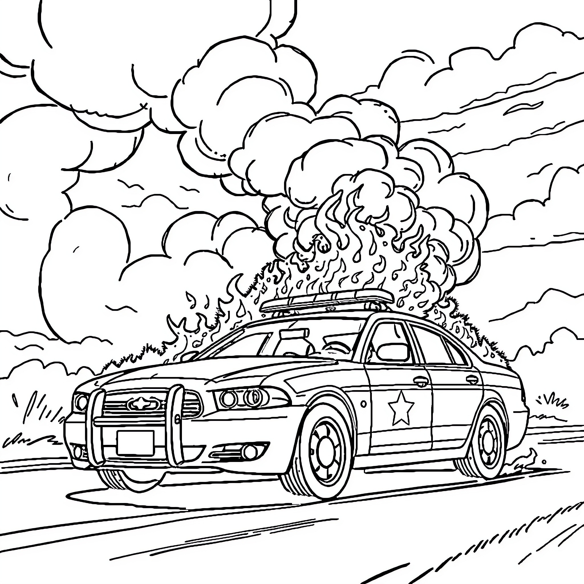 Police Car Responding to Emergency Situation Coloring Page (free black-and-white line drawing printable PDF for all, from beginners to advanced learners, including children, teens, adults, and seniors)