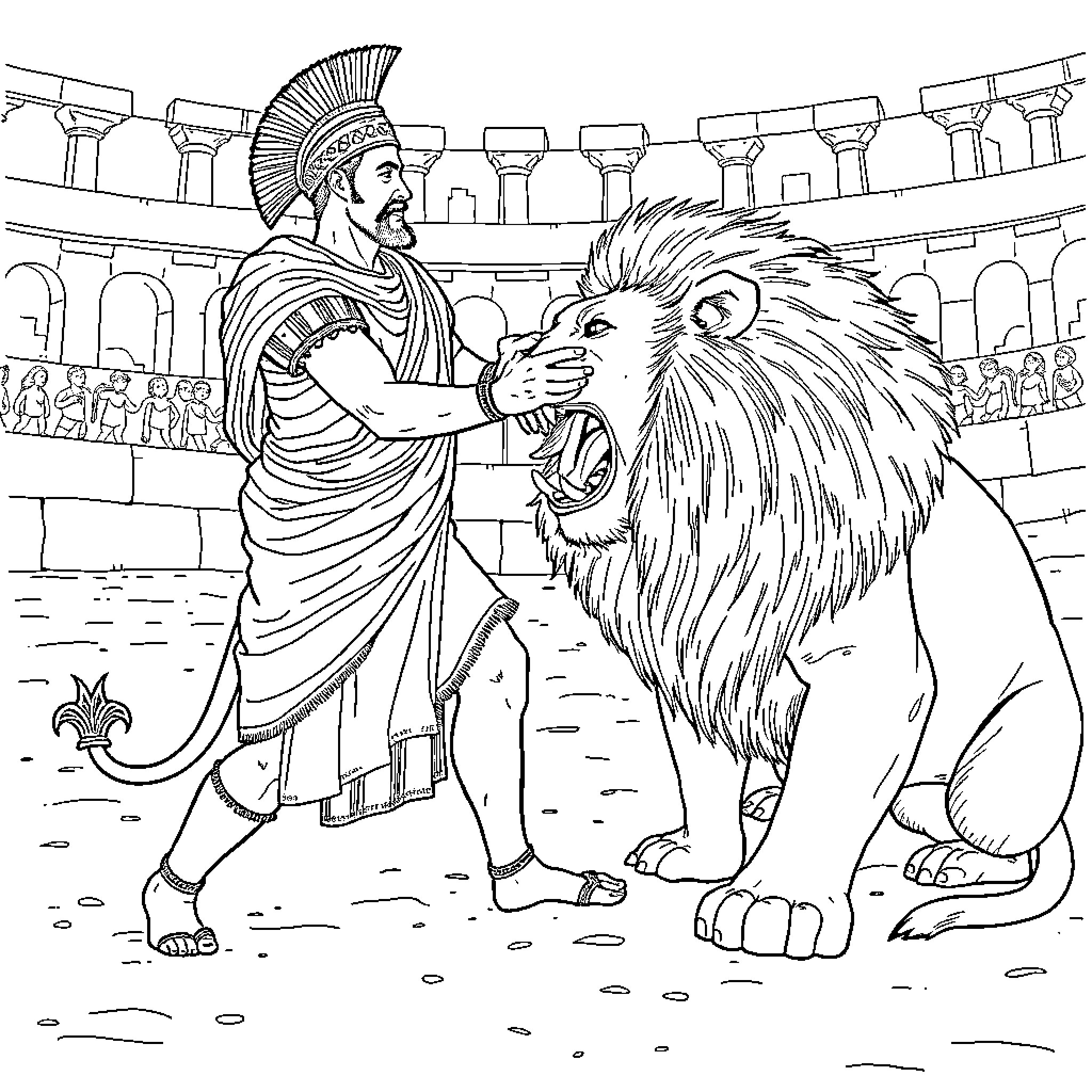 Lion and Roman Gladiator in Colosseum Arena Coloring Page (free black-and-white line drawing printable PDF for all, from beginners to advanced learners, including children, teens, adults, and seniors)