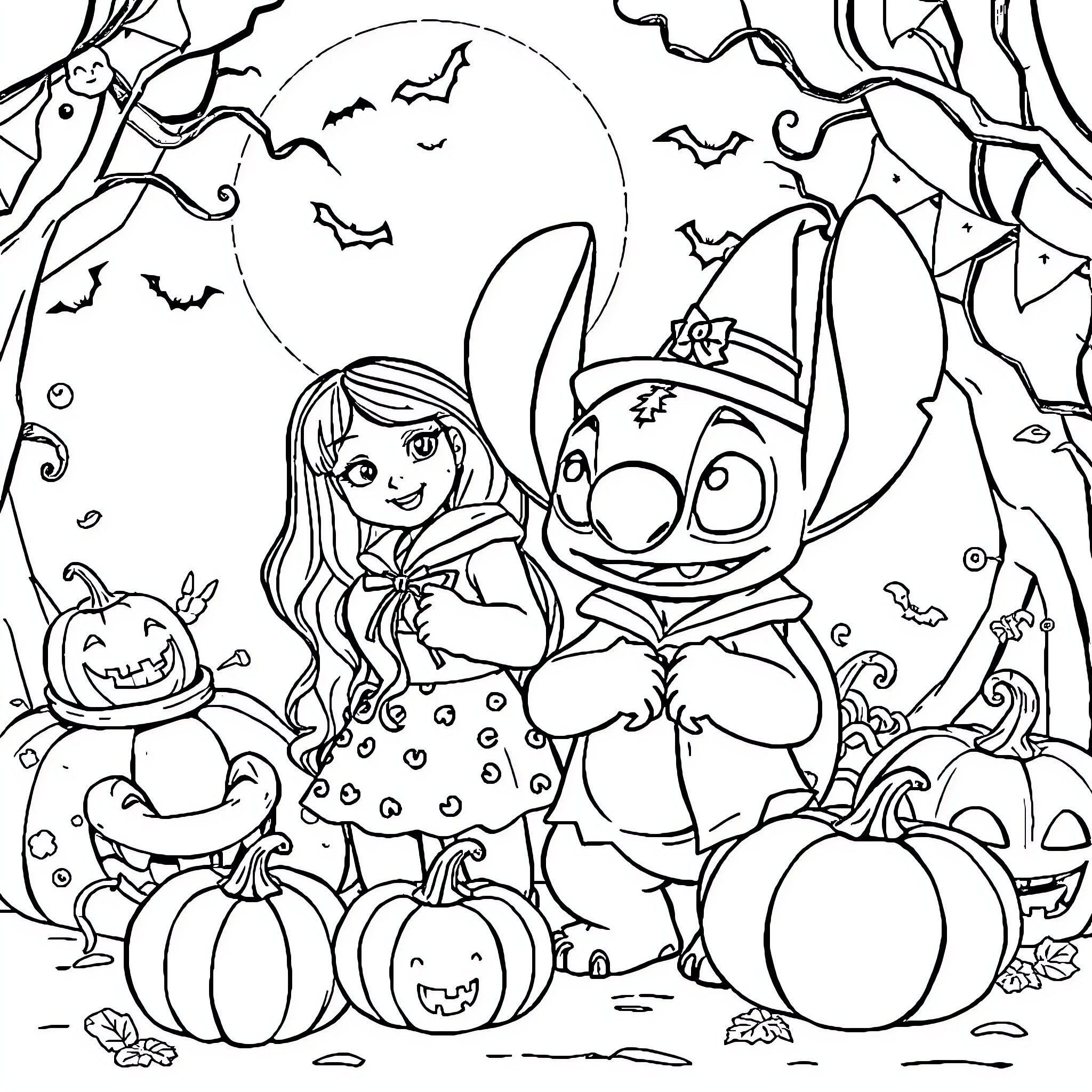 Lilo and Stitch's Spooky Halloween Adventure Coloring Page (free black-and-white line drawing printable PDF for all, from beginners to advanced learners, including children, teens, adults, and seniors)