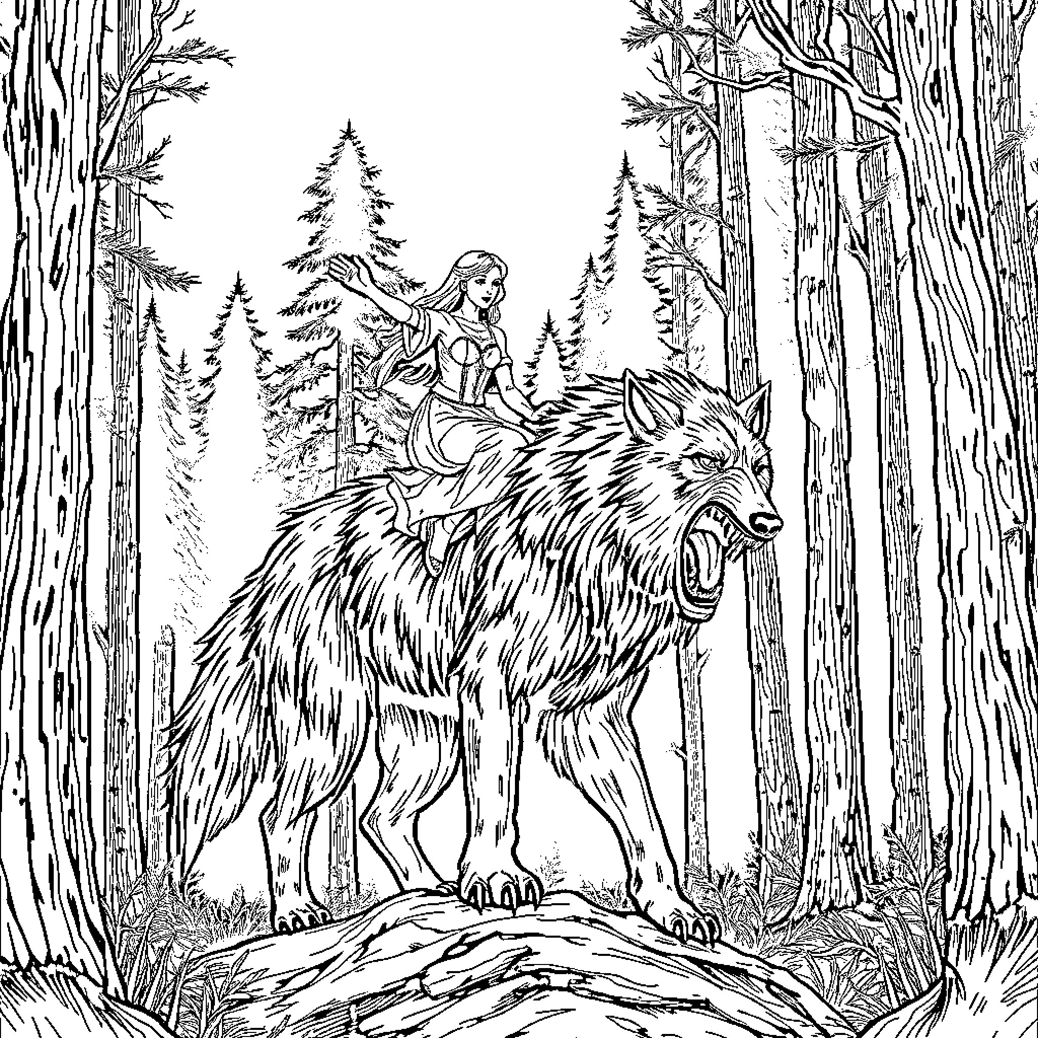 Lady Riding a Majestic Wolf in Enchanted Forest Coloring Page (free black-and-white line drawing printable PDF for all, from beginners to advanced learners, including children, teens, adults, and seniors)