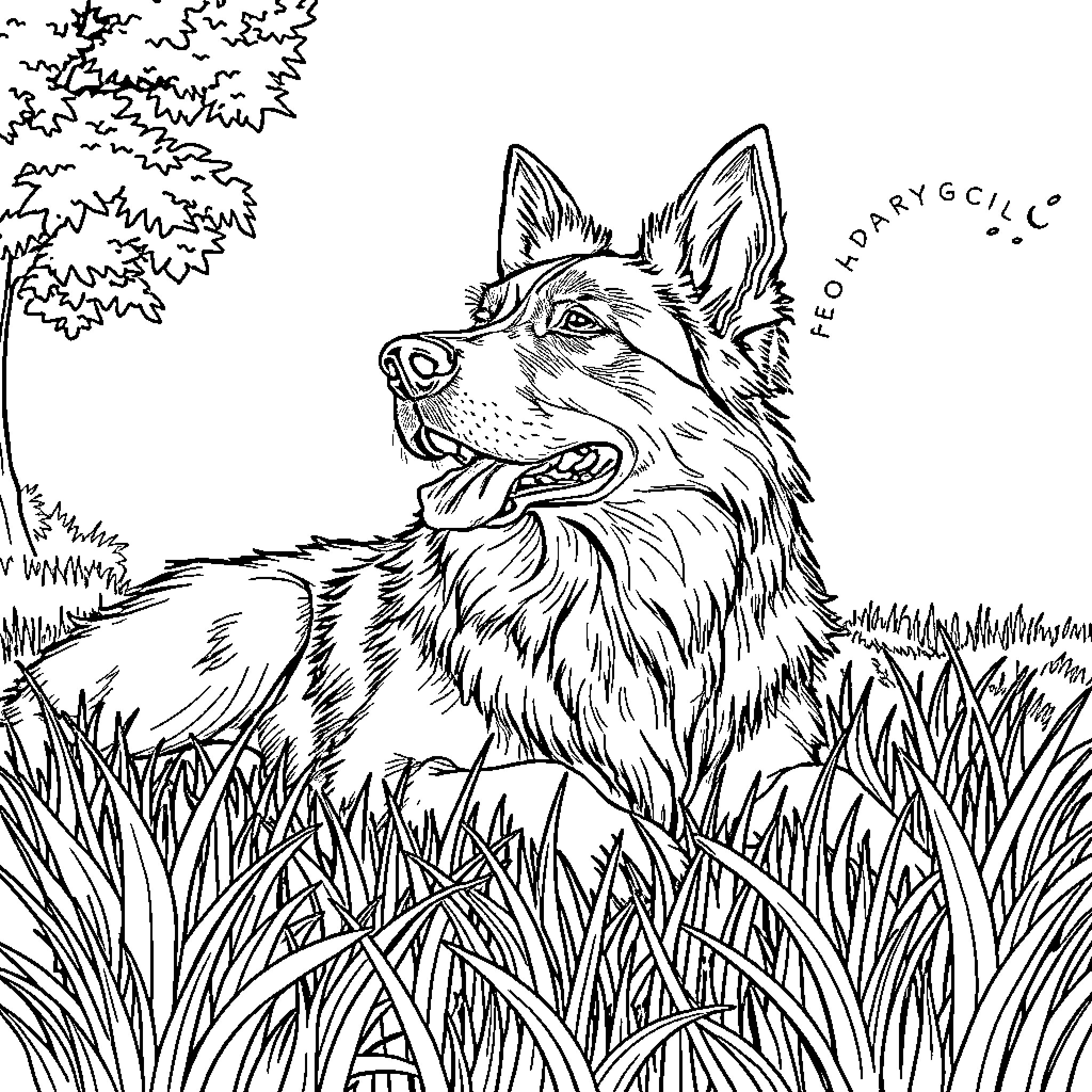 German Shepherd enjoying nature in the meadow Coloring Page (free black-and-white line drawing printable PDF for all, from beginners to advanced learners, including children, teens, adults, and seniors)