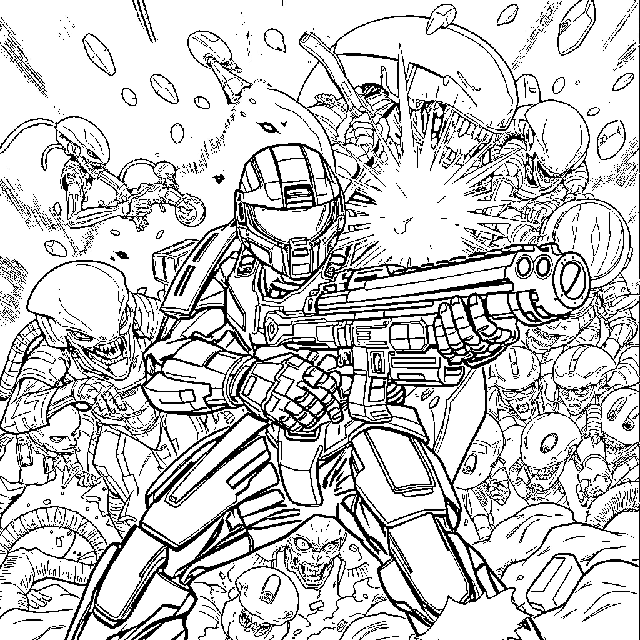 Master Chief Battles Alien Foes in Intense Sci-Fi Showdown Coloring Page (free black-and-white line drawing printable PDF for all, from beginners to advanced learners, including children, teens, adults, and seniors)