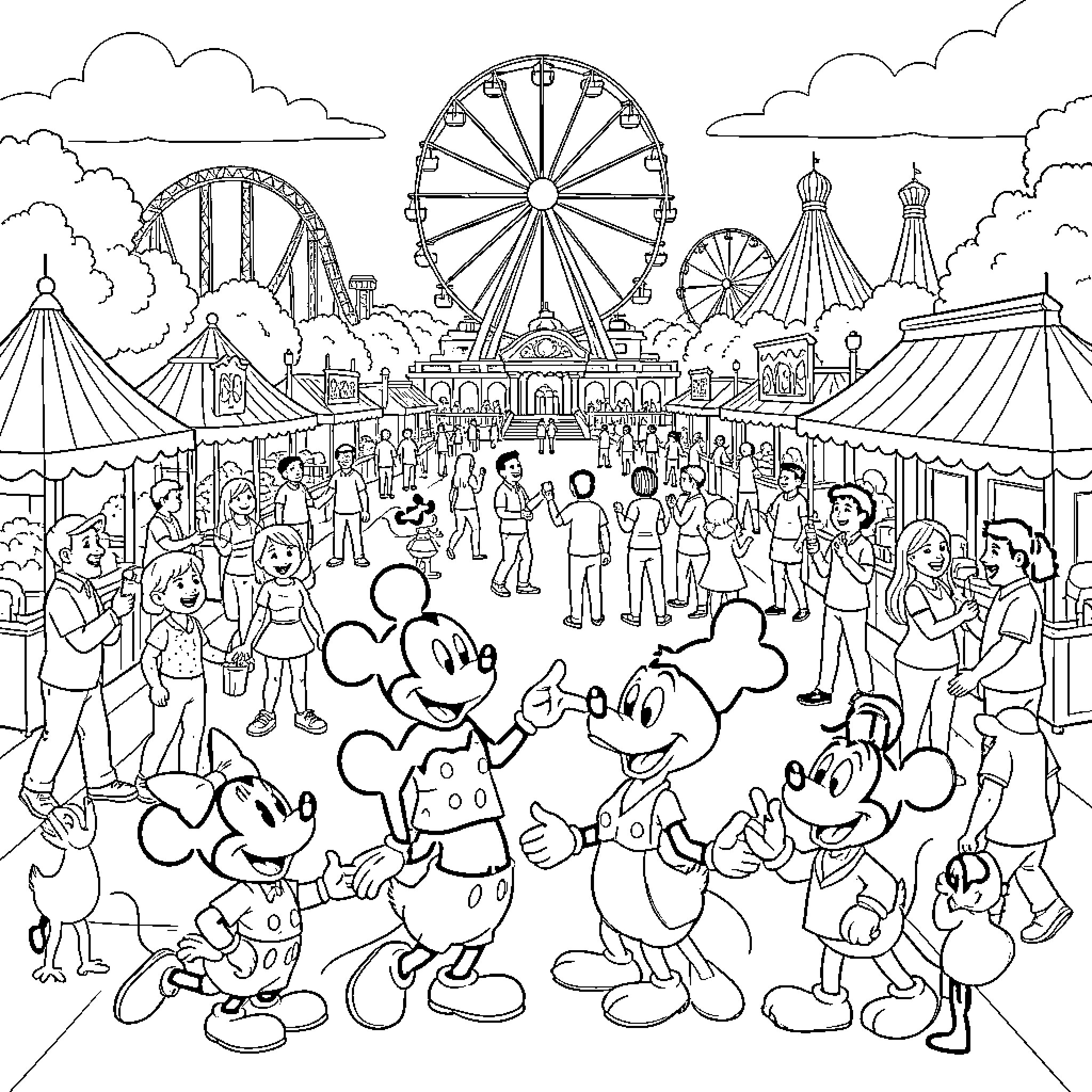 Mickey Characters celebrating at a crowded amusement park Coloring Page (free black-and-white line drawing printable PDF for all, from beginners to advanced learners, including children, teens, adults, and seniors)