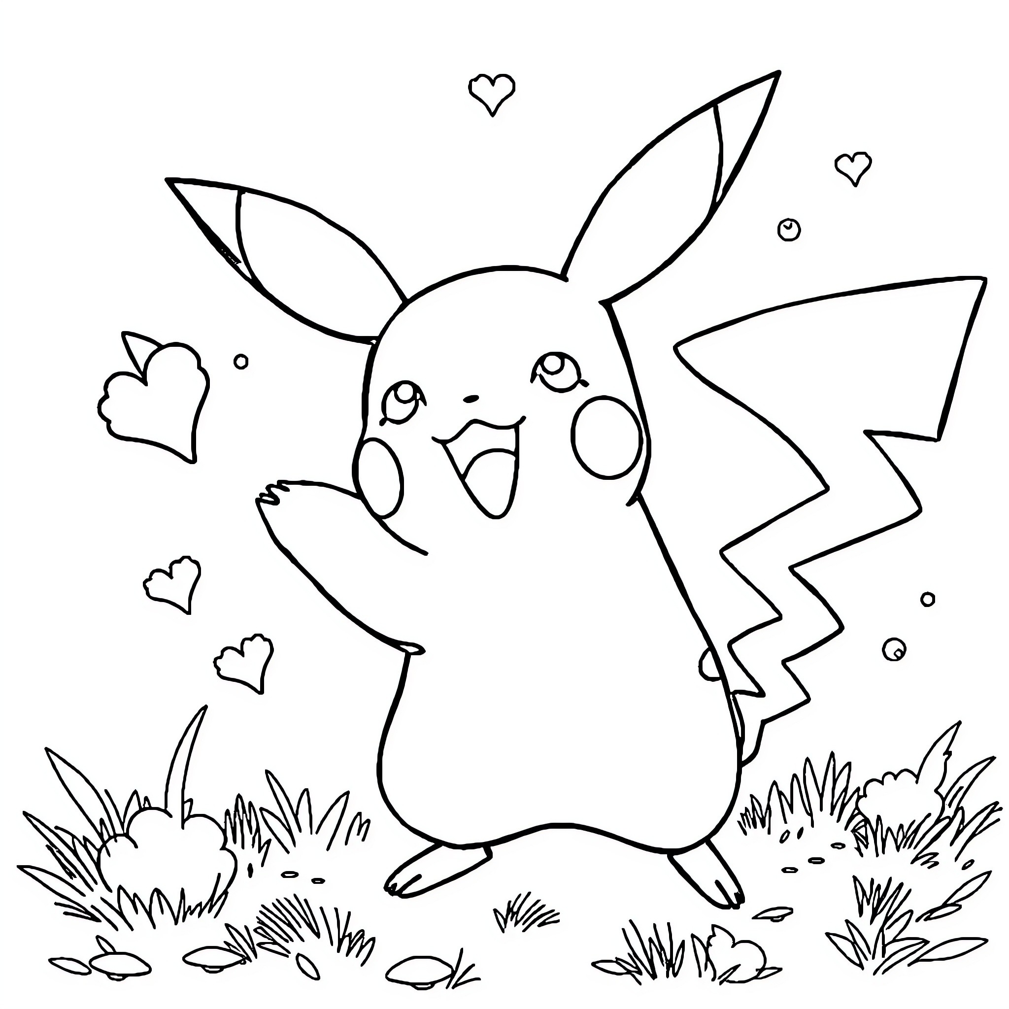 Pikachu happily playing in the grass Coloring Page (free black-and-white line drawing printable PDF for all, from beginners to advanced learners, including children, teens, adults, and seniors)