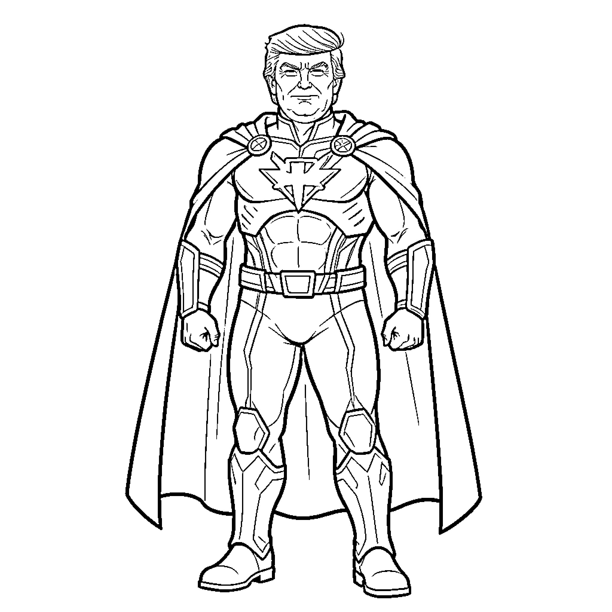 Trump wearing a superhero costume with a cape Coloring Page (free black-and-white line drawing printable PDF for all, from beginners to advanced learners, including children, teens, adults, and seniors)