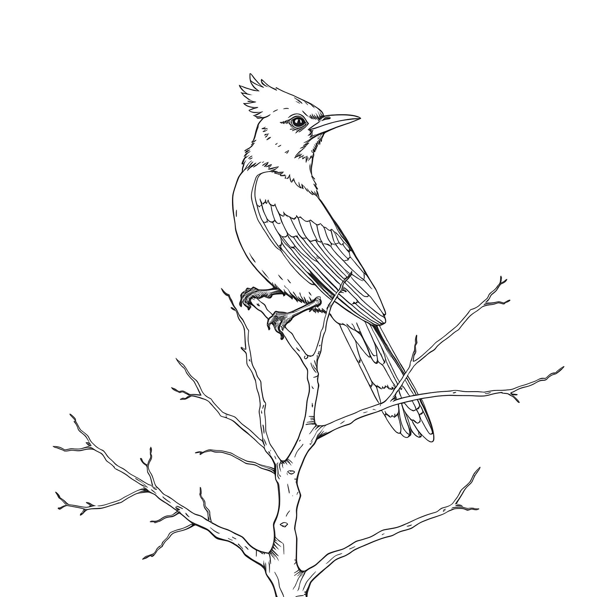 Jay perched on a bare branch Coloring Page (free black-and-white line drawing printable PDF for all, from beginners to advanced learners, including children, teens, adults, and seniors)
